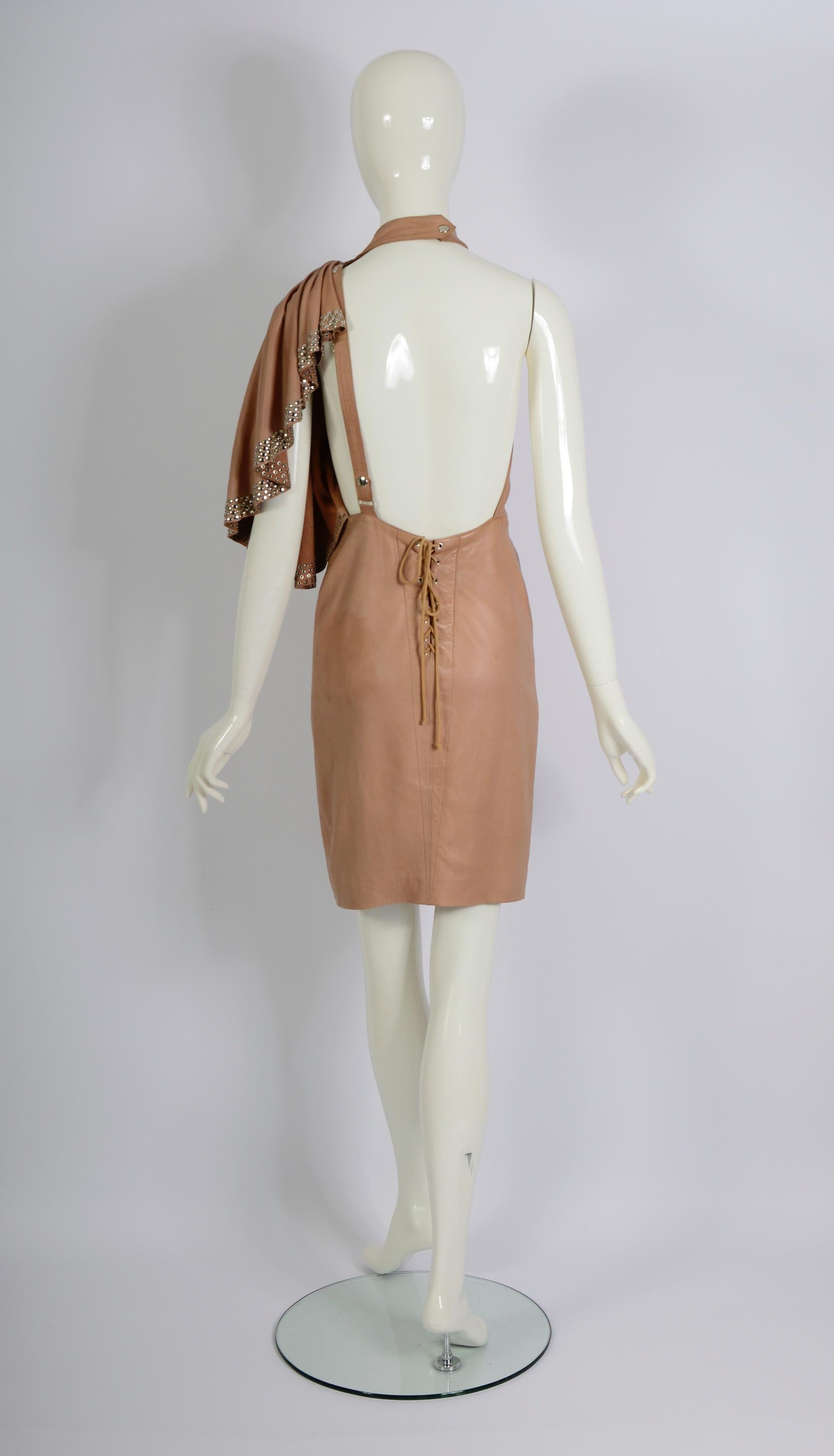 Azzedine Alaia documented nude leather metal studded embellished dress, ss 1981 For Sale 2