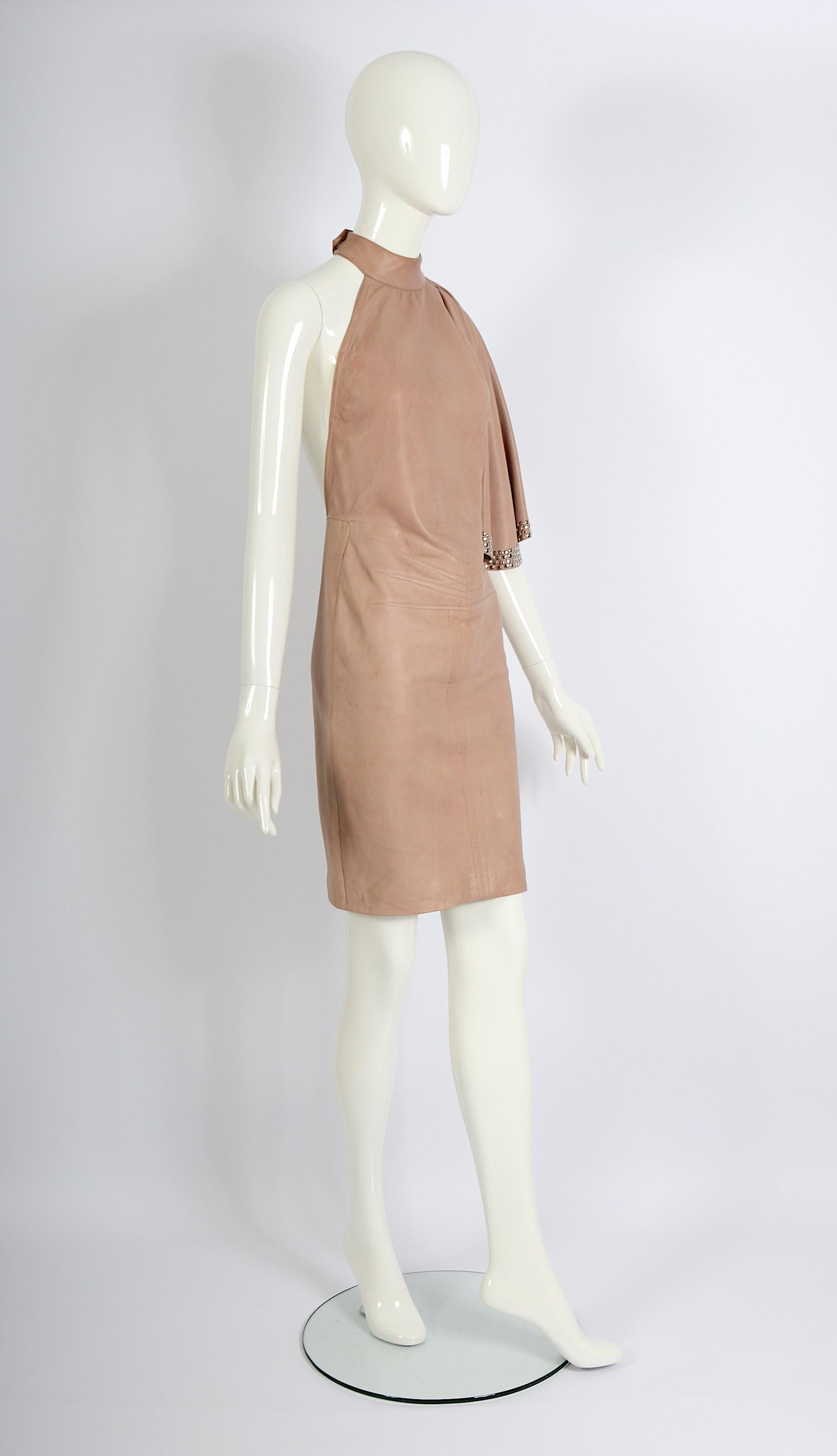 Azzedine Alaia documented nude leather metal studded embellished dress, ss 1981 For Sale 3