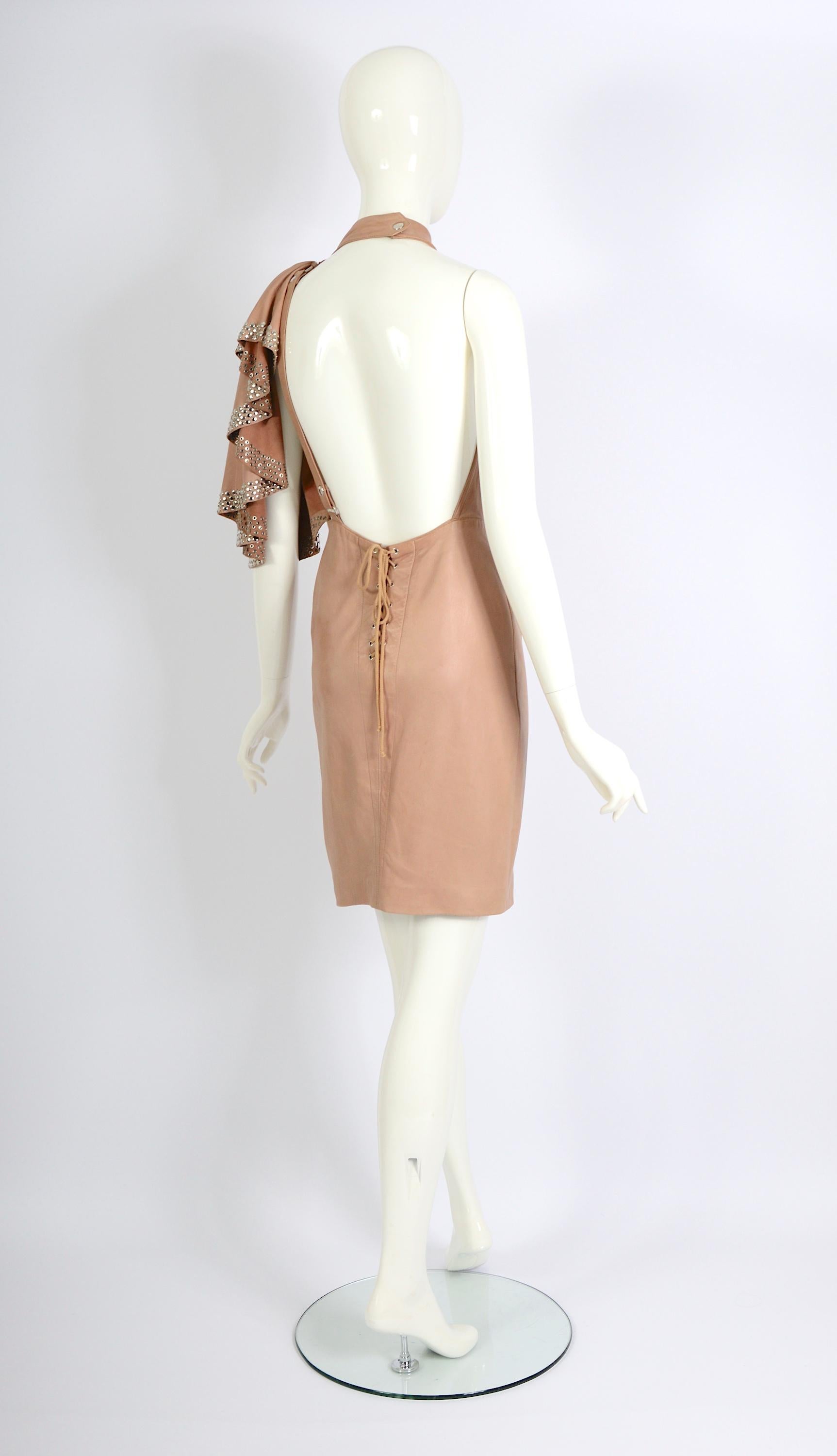 Azzedine Alaia documented nude leather metal studded embellished dress, ss 1981 For Sale 5