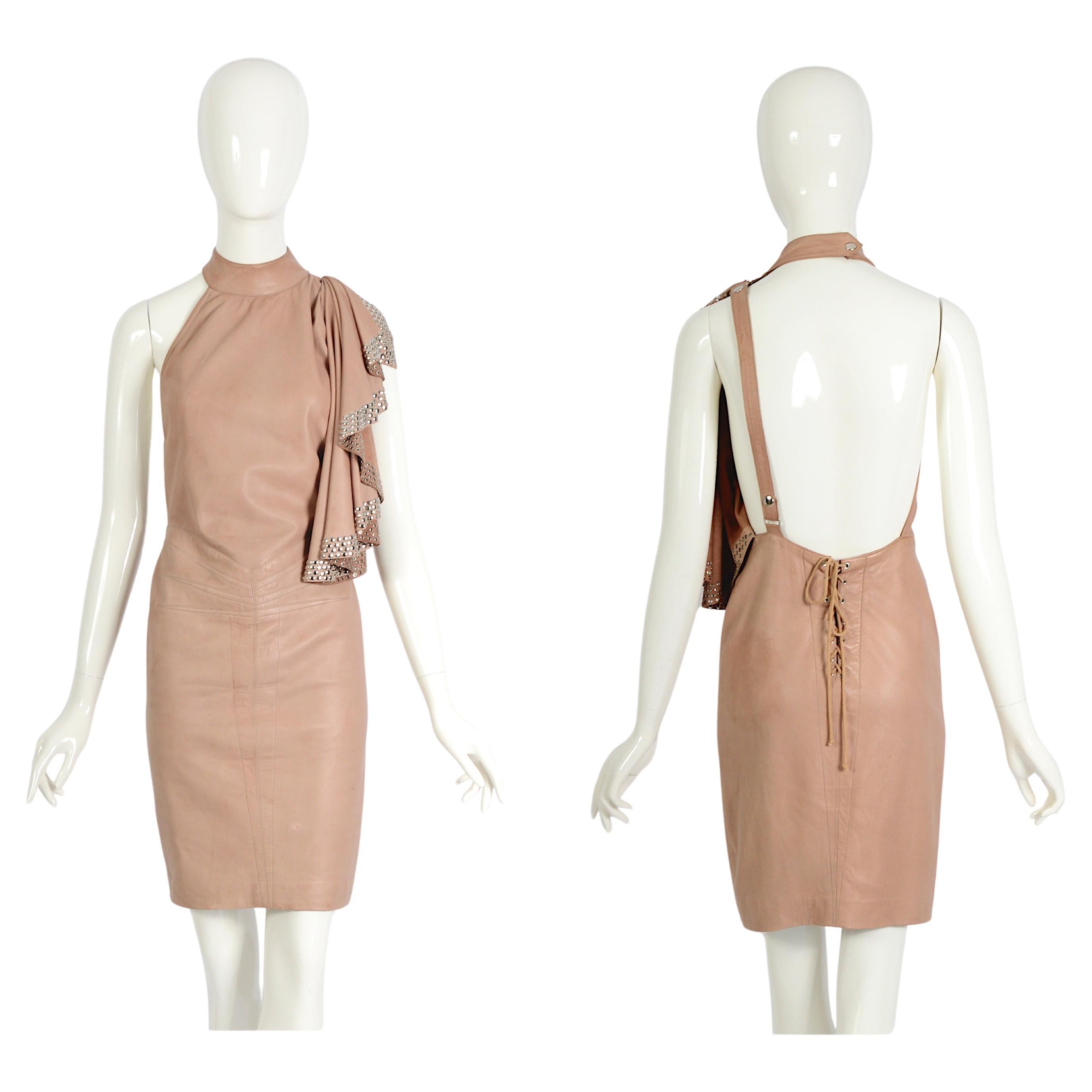 Azzedine Alaia documented nude leather metal studded embellished dress, ss 1981 For Sale