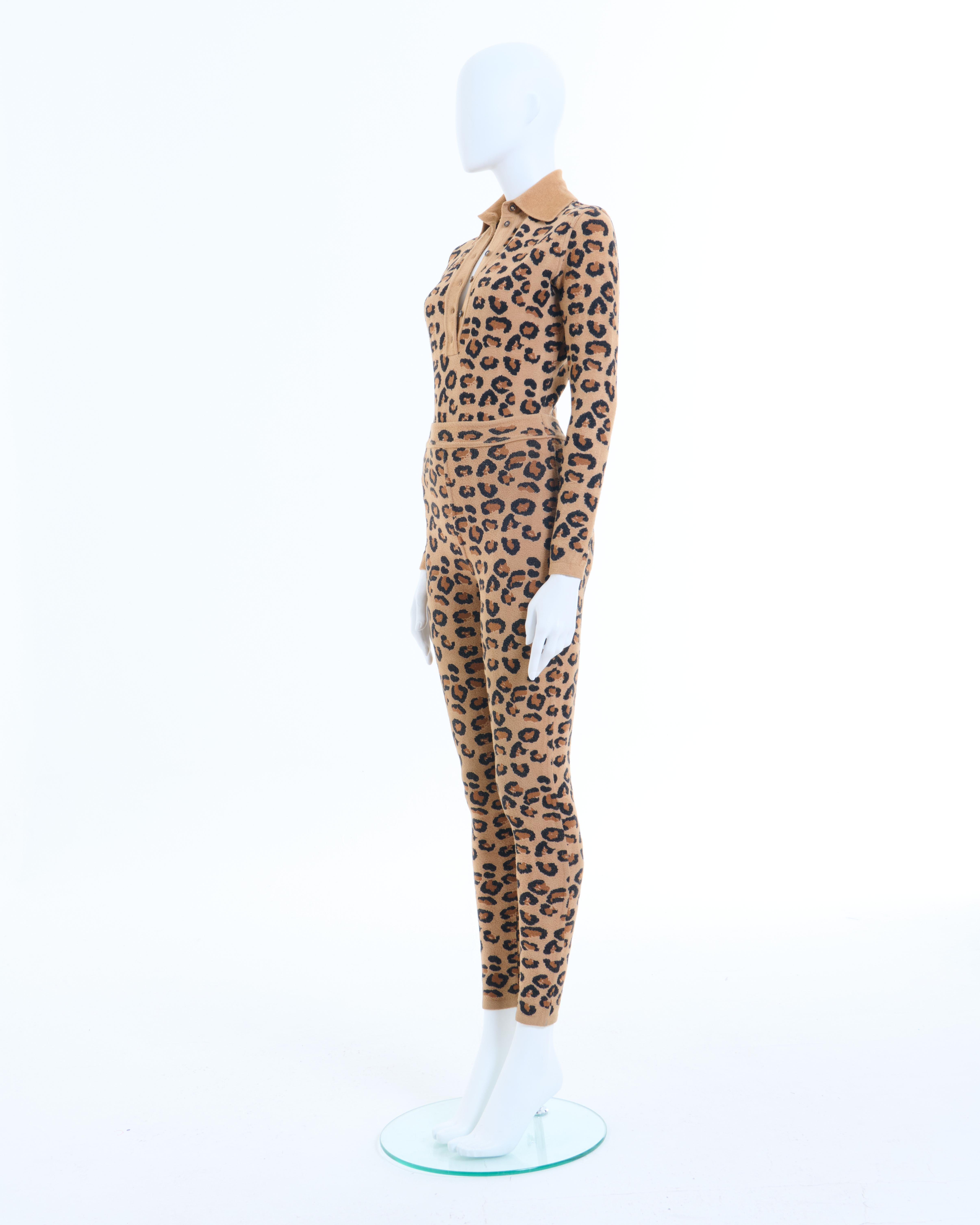 Beige Azzedine Alaïa F/W 1991 - Ensemble body et leggings en maille de laine léopard en vente