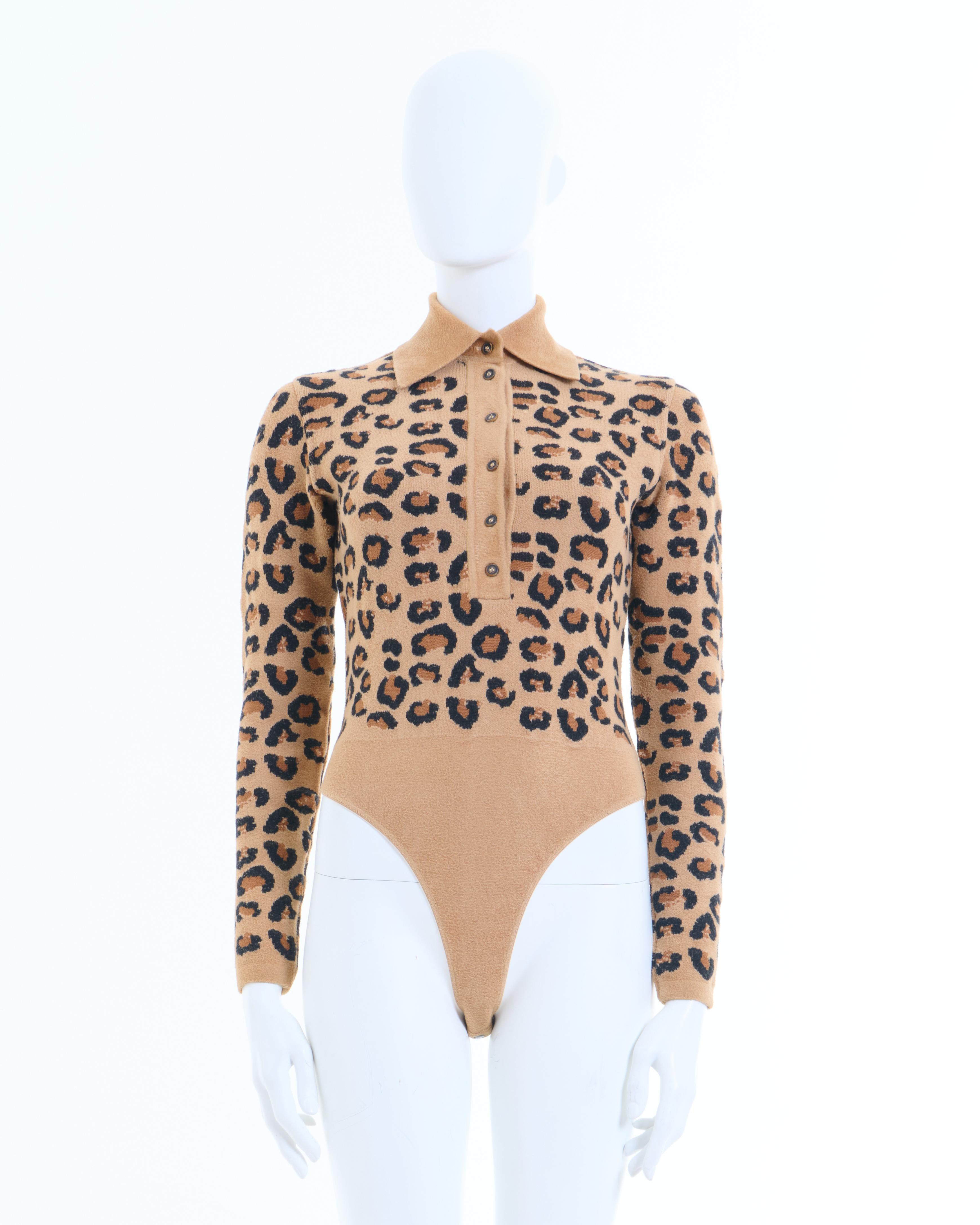 Azzedine Alaïa F/W 1991 - Ensemble body et leggings en maille de laine léopard en vente 3