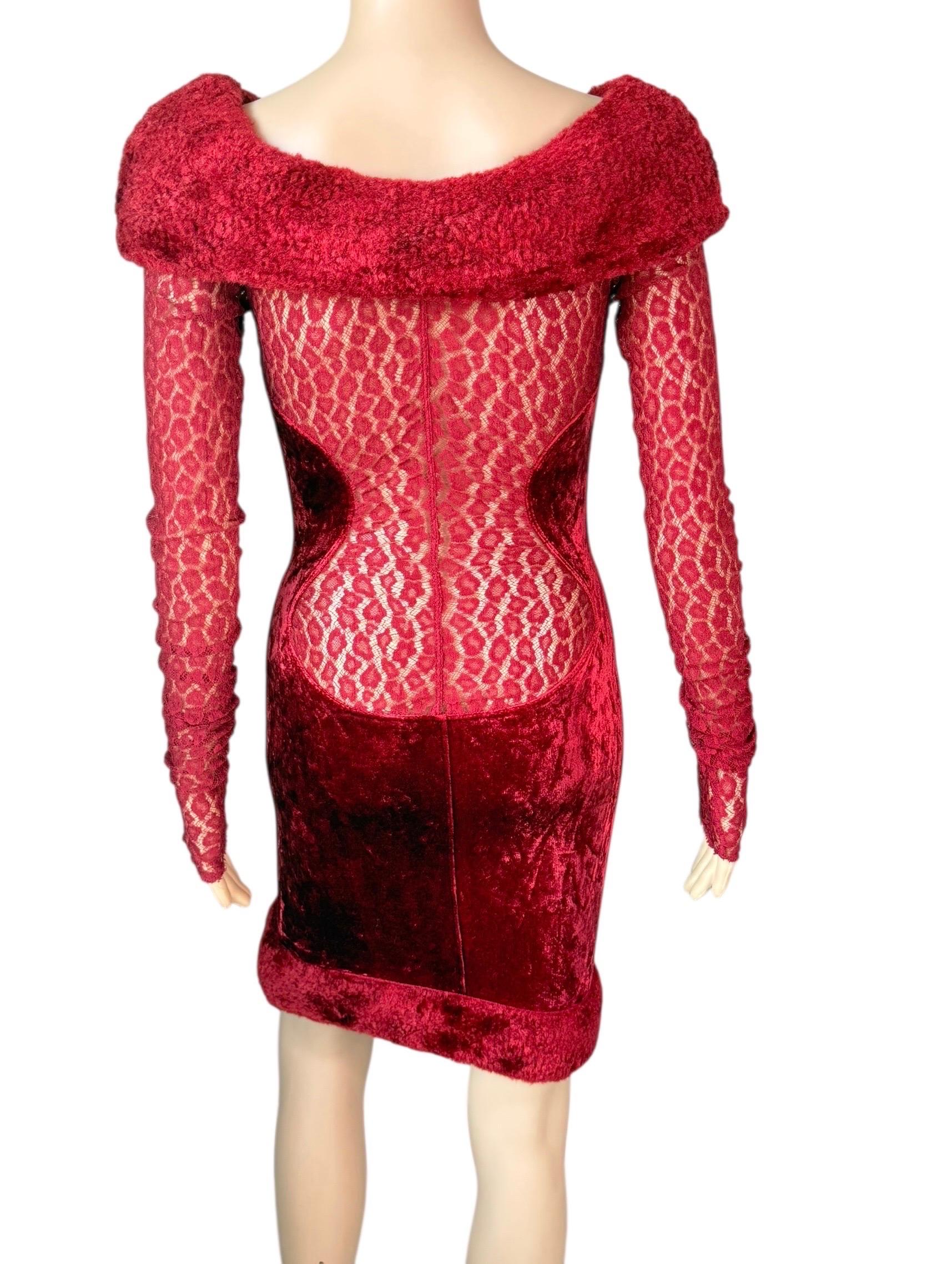 Azzedine Alaia F/W 1991 Laufsteg Schiere Spitze Samt Chenille Bustier-Minikleid (Rot) im Angebot
