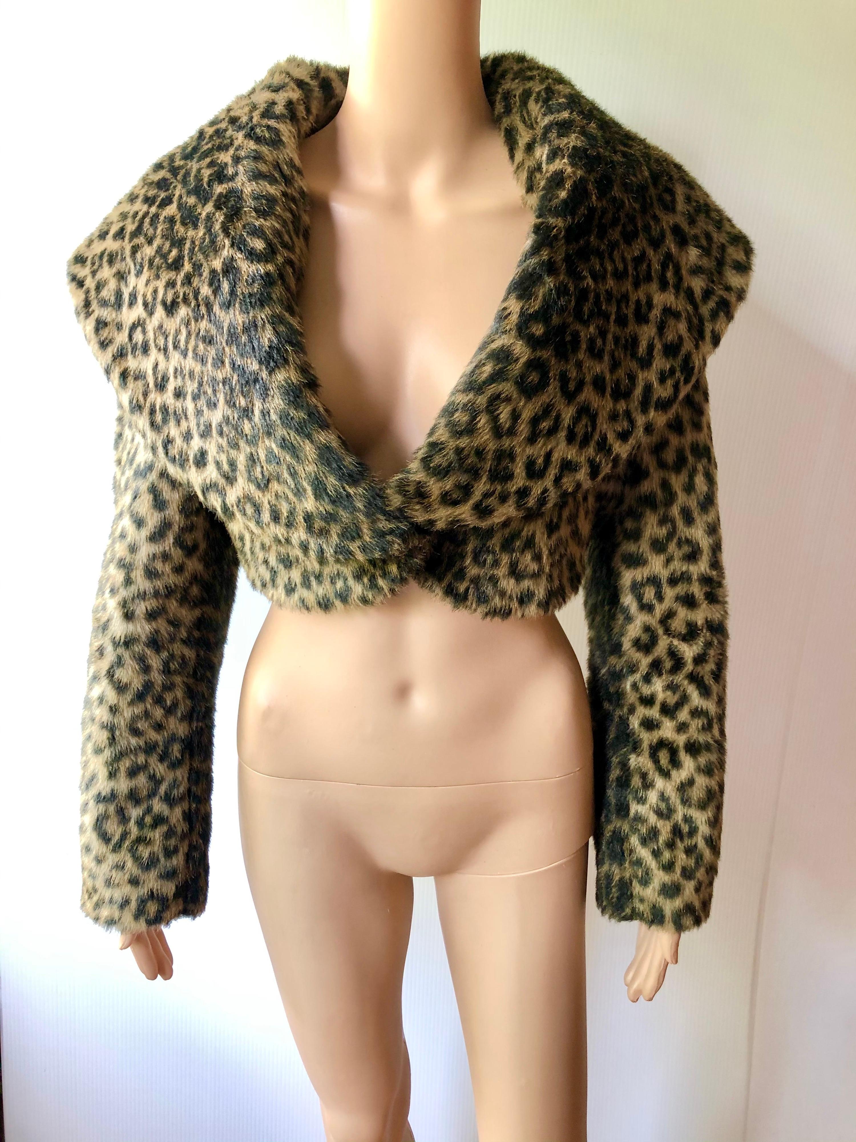 Noir Azzedine Alaia F/W 1991 Runway Vintage Faux Fur Leopard Crop Top Bolero Jacket