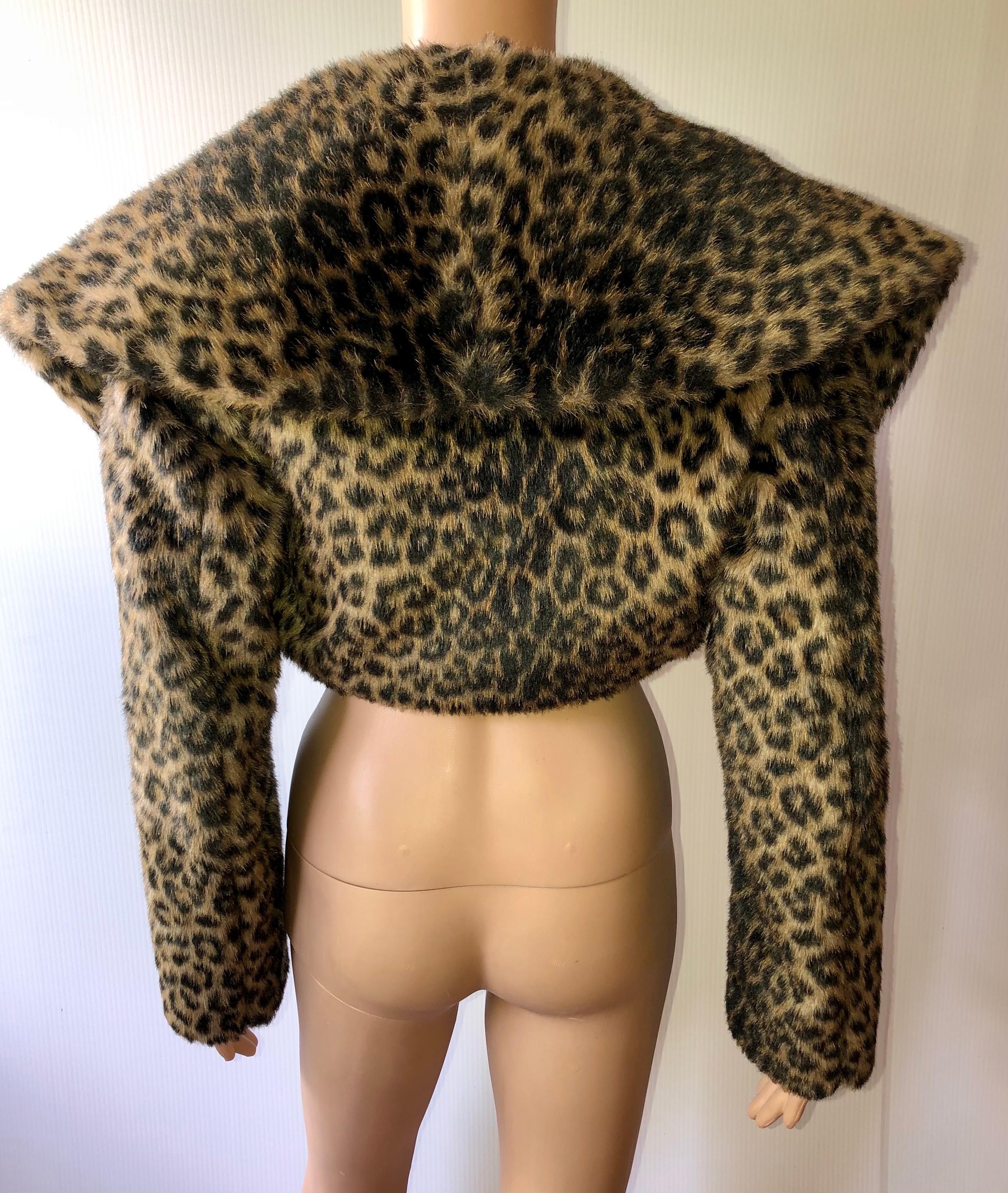 Black Azzedine Alaia F/W 1991 Runway Vintage Faux Fur Leopard Crop Top Bolero Jacket