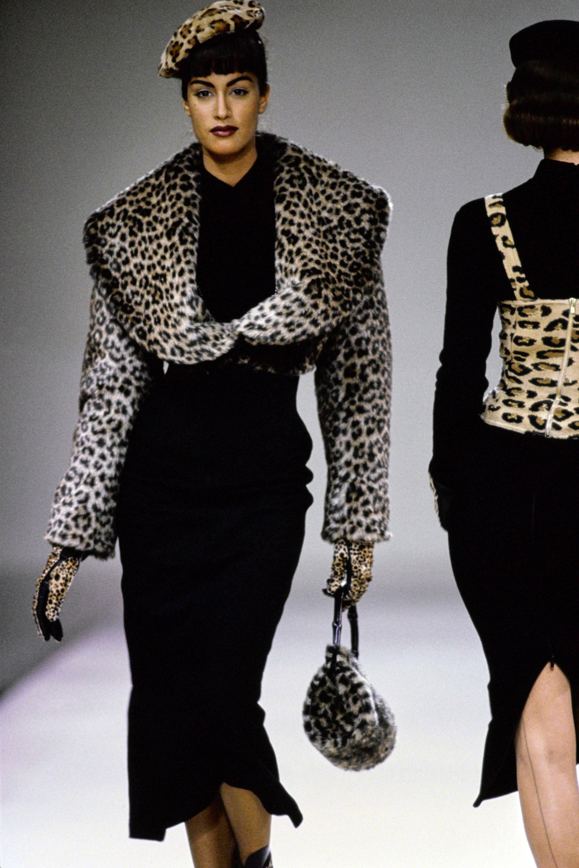 Women's Azzedine Alaia F/W 1991 Runway Vintage Faux Fur Leopard Crop Top Bolero Jacket
