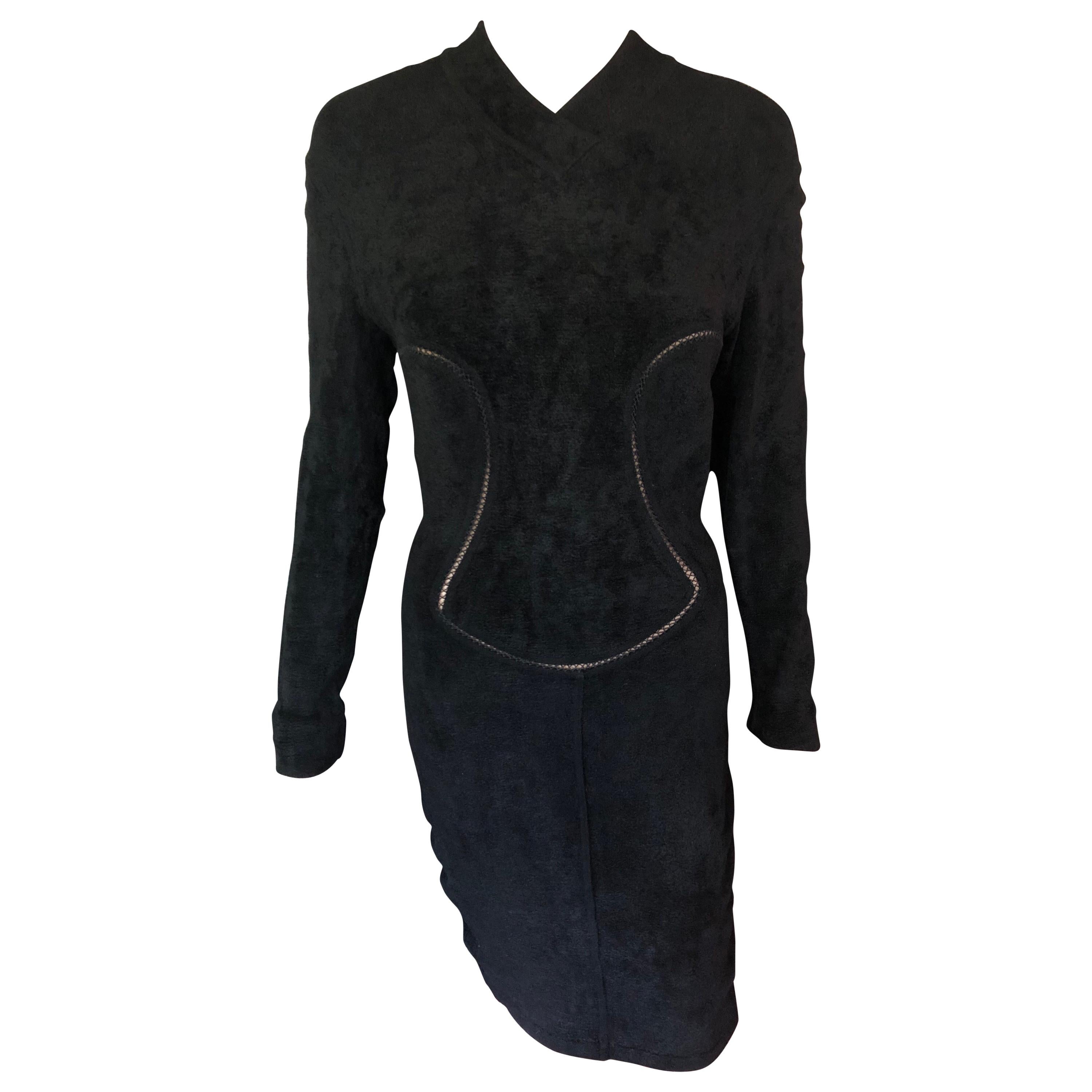 Azzedine Alaia F/W 1991 Vintage Bodycon Velvet Knit Black Dress For Sale