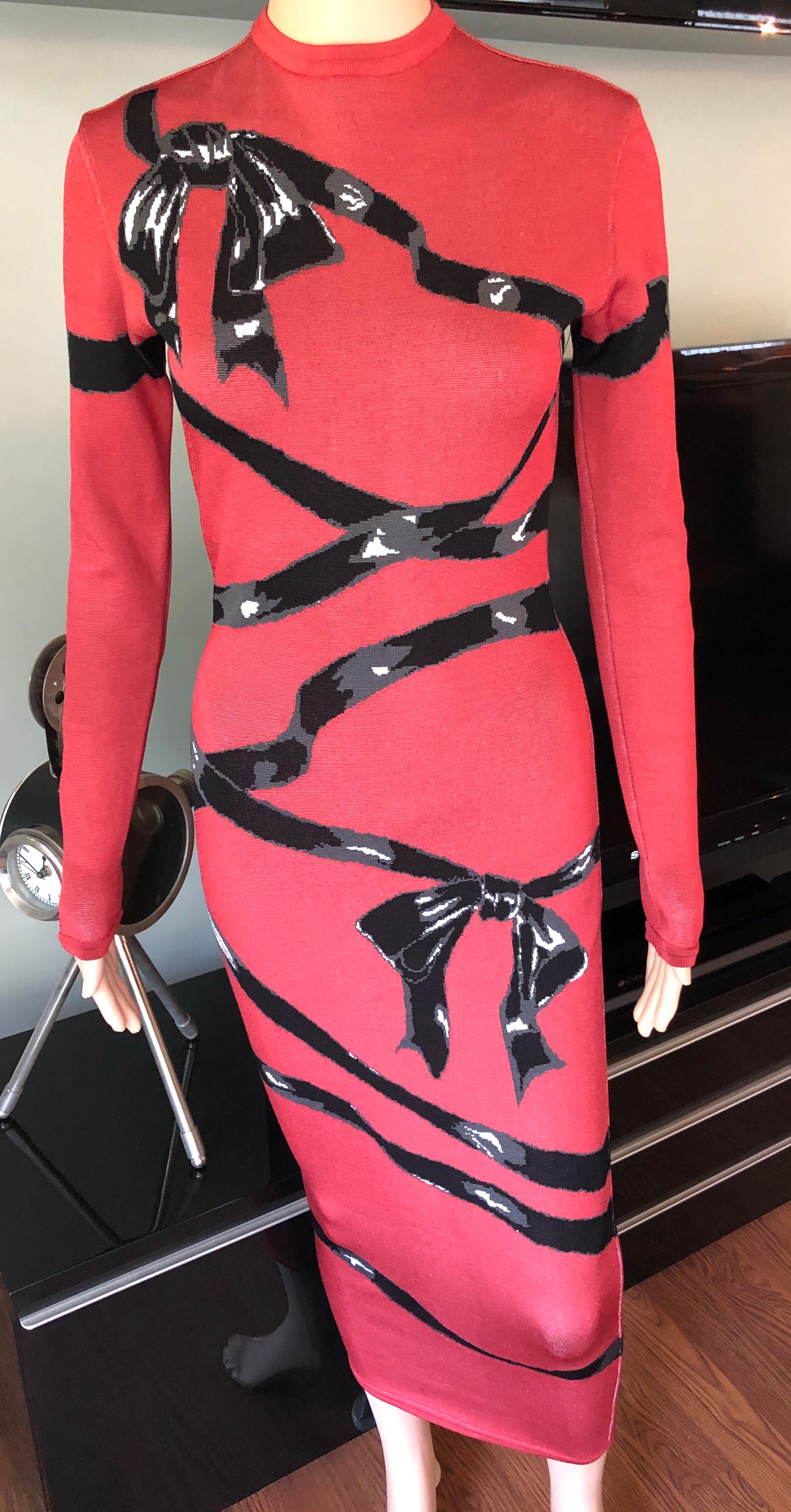 Azzedine Alaia F/W 1992 Runway Vintage Fitted Bow Ribbon Wrapped Dress In Good Condition In Naples, FL