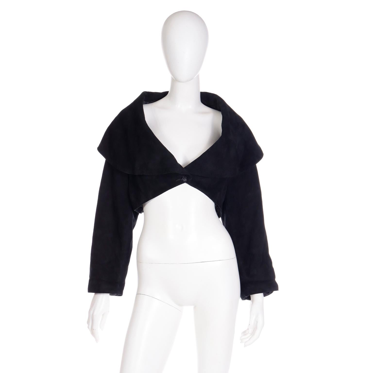 Azzedine Alaia Fall 1989 Vintage Black Lamb Suede Cropped Runway Jacket In Excellent Condition For Sale In Portland, OR