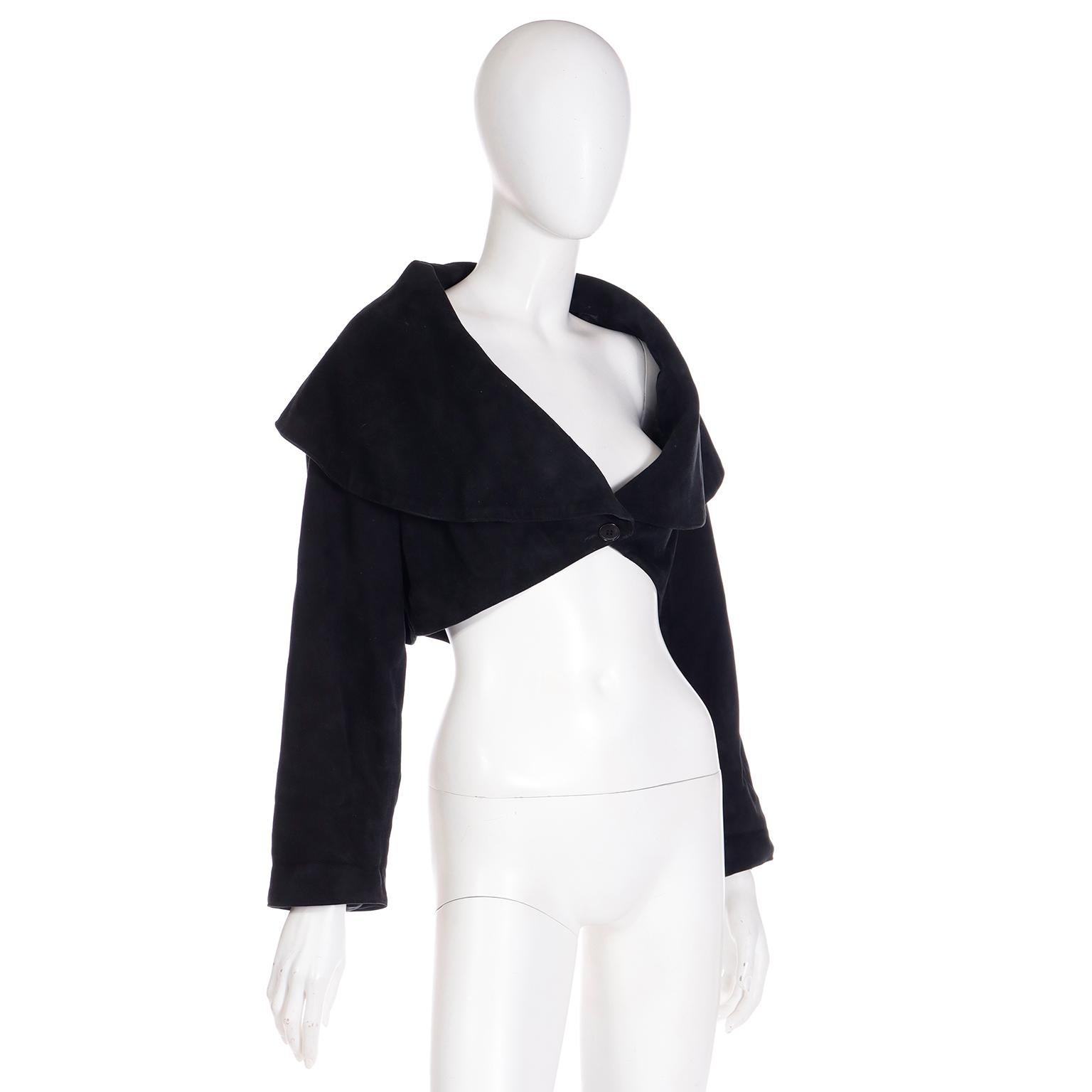 Women's Azzedine Alaia Fall 1989 Vintage Black Lamb Suede Cropped Runway Jacket For Sale