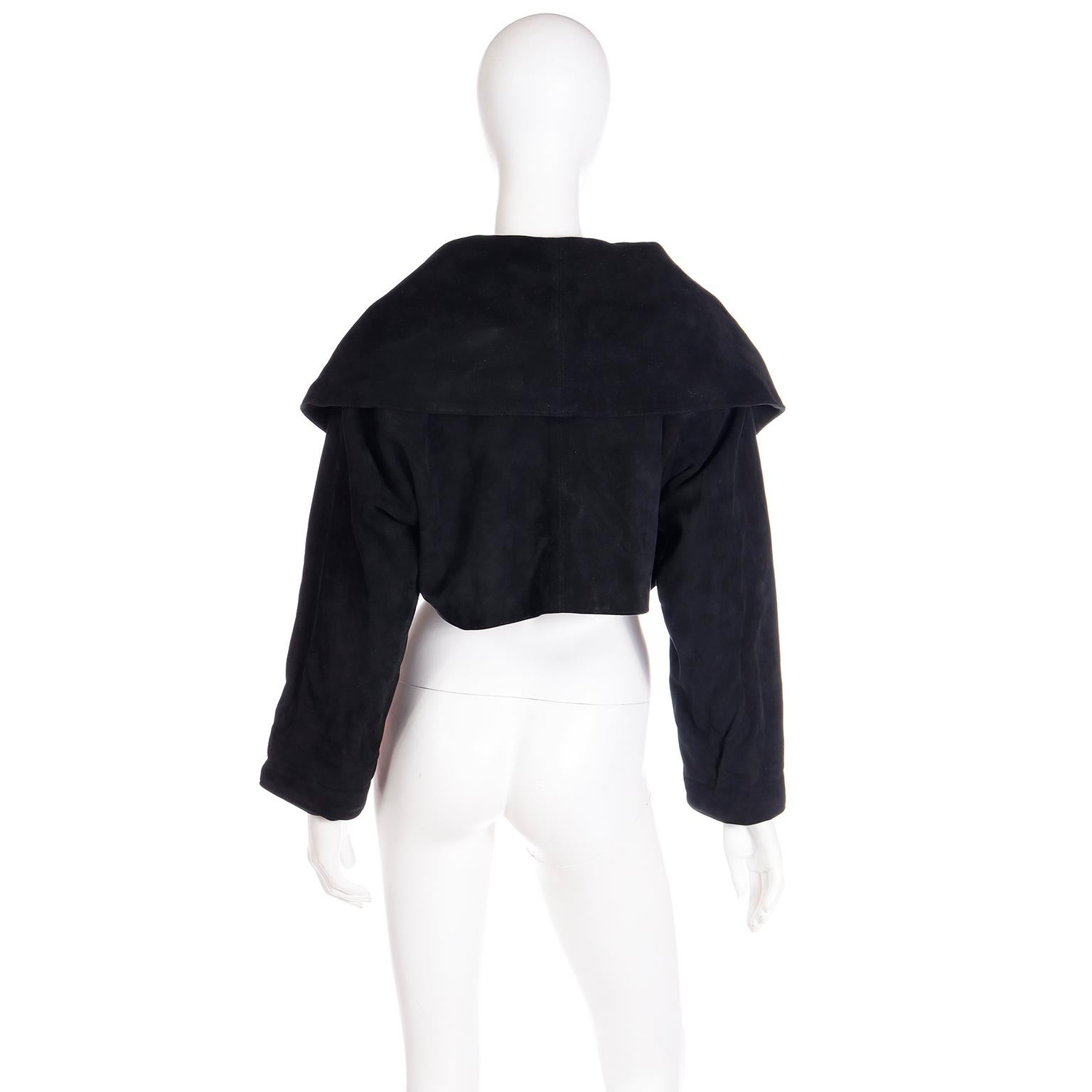 Azzedine Alaia Fall 1989 Vintage Black Lamb Suede Cropped Runway Jacket For Sale 2