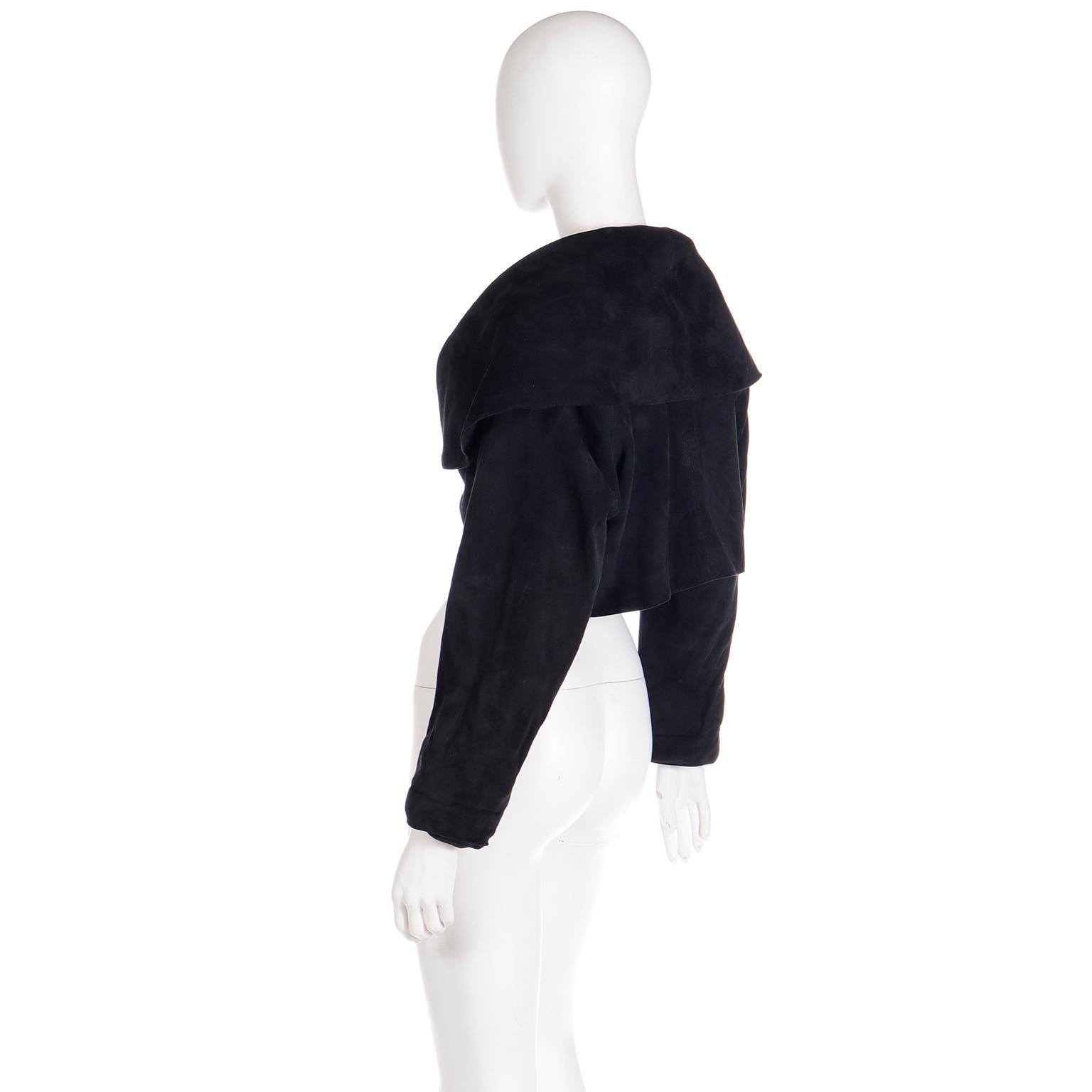 Azzedine Alaia Fall 1989 Vintage Black Lamb Suede Cropped Runway Jacket For Sale 3