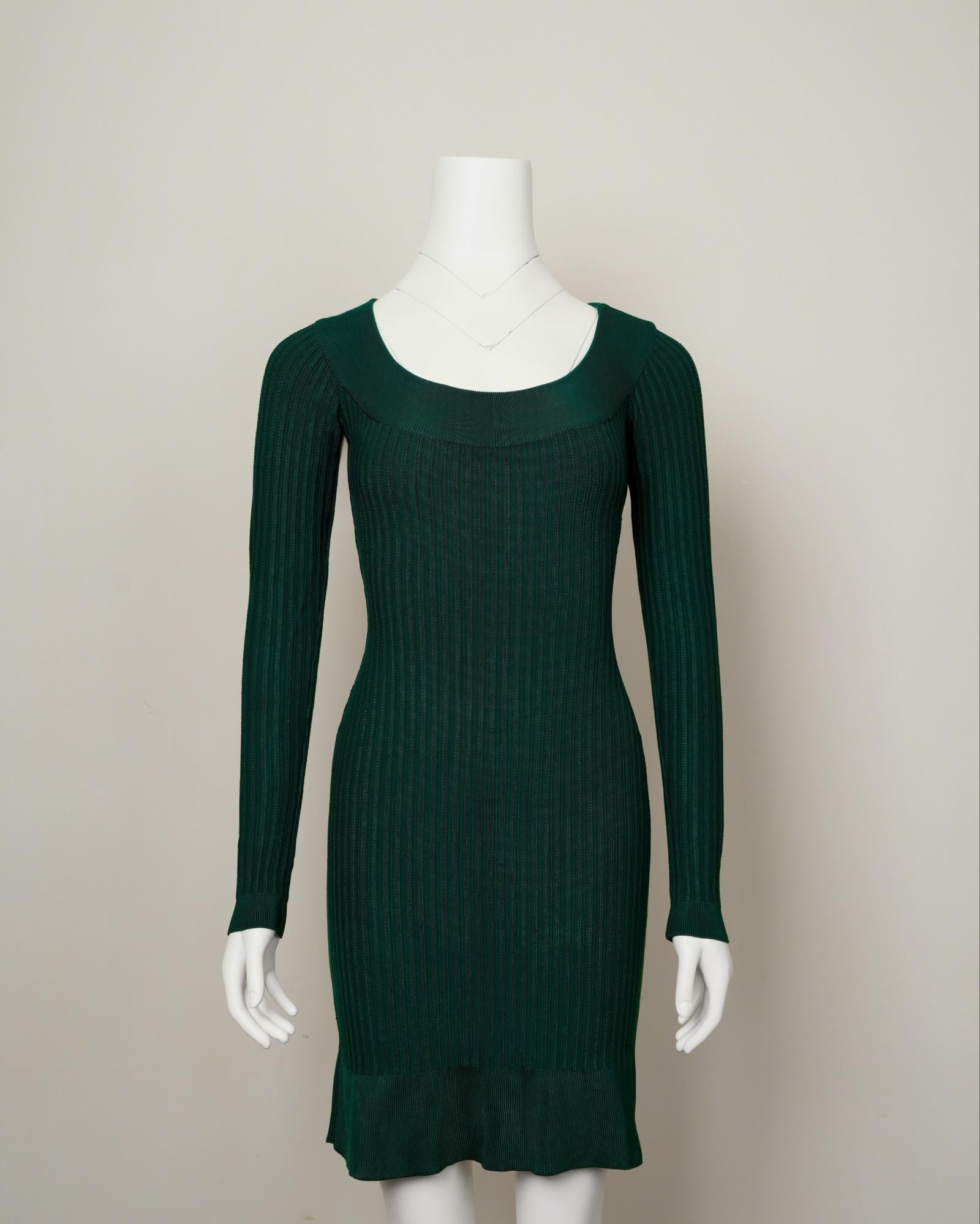 Azzedine Alaïa Fall 1990 Ribbed Knit Green Dress – Scoop Neck & Ruffled Hem For Sale