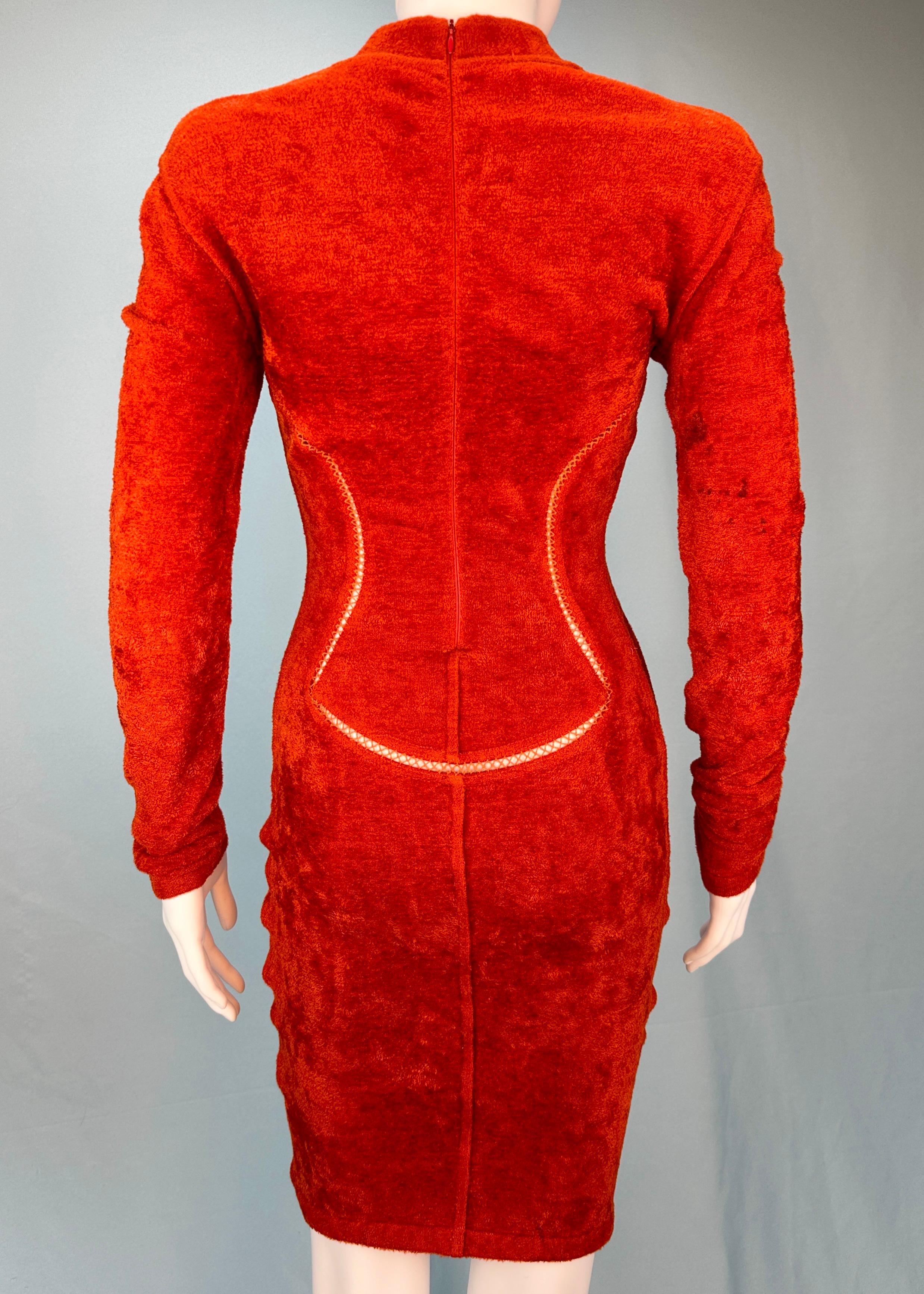 Azzedine Alaia Fall 1991 Runway Orange Chenille Cutout Dress In Good Condition For Sale In Hertfordshire, GB