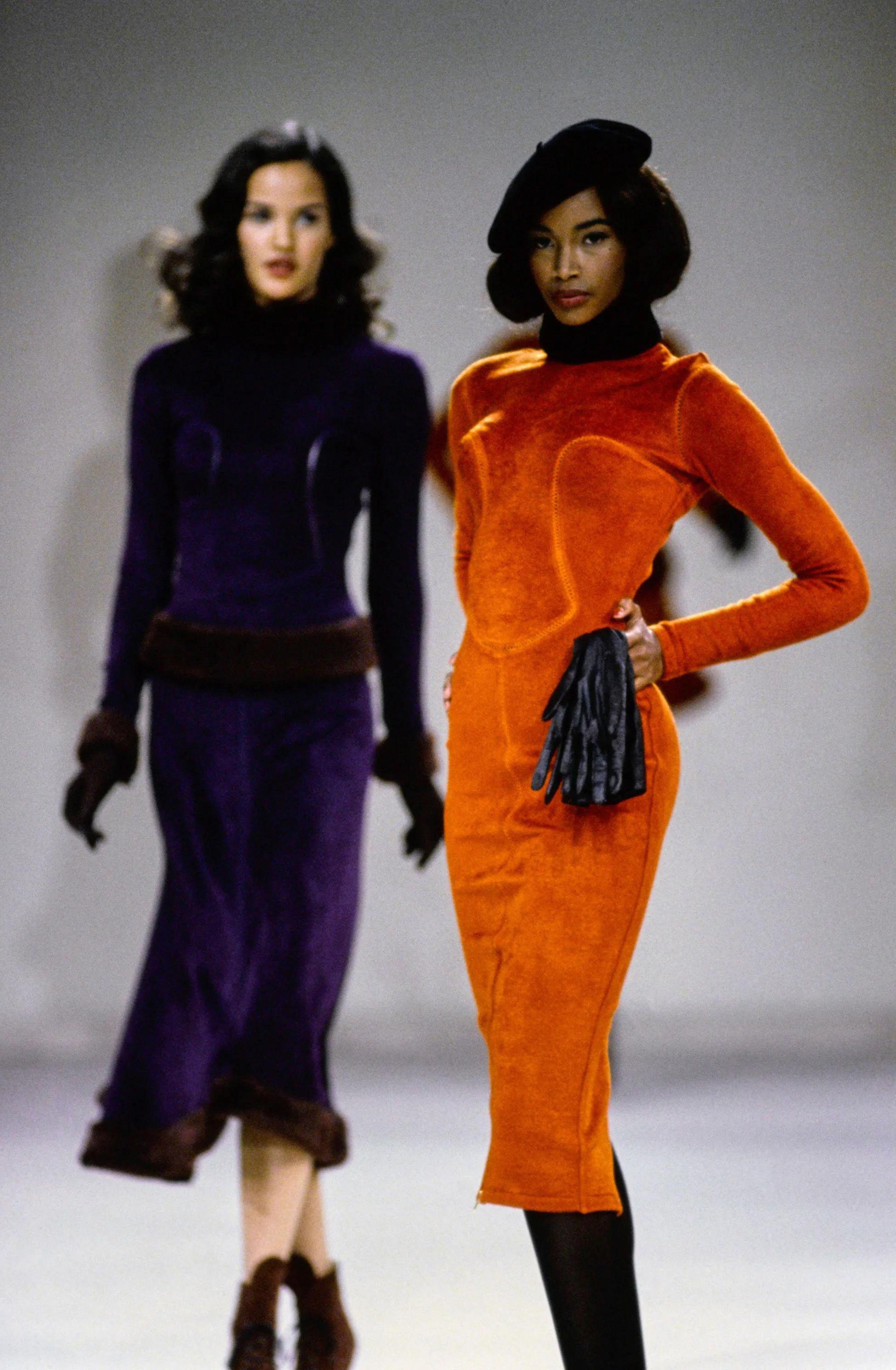 Women's Azzedine Alaia Fall 1991 Runway Orange Chenille Cutout Dress For Sale