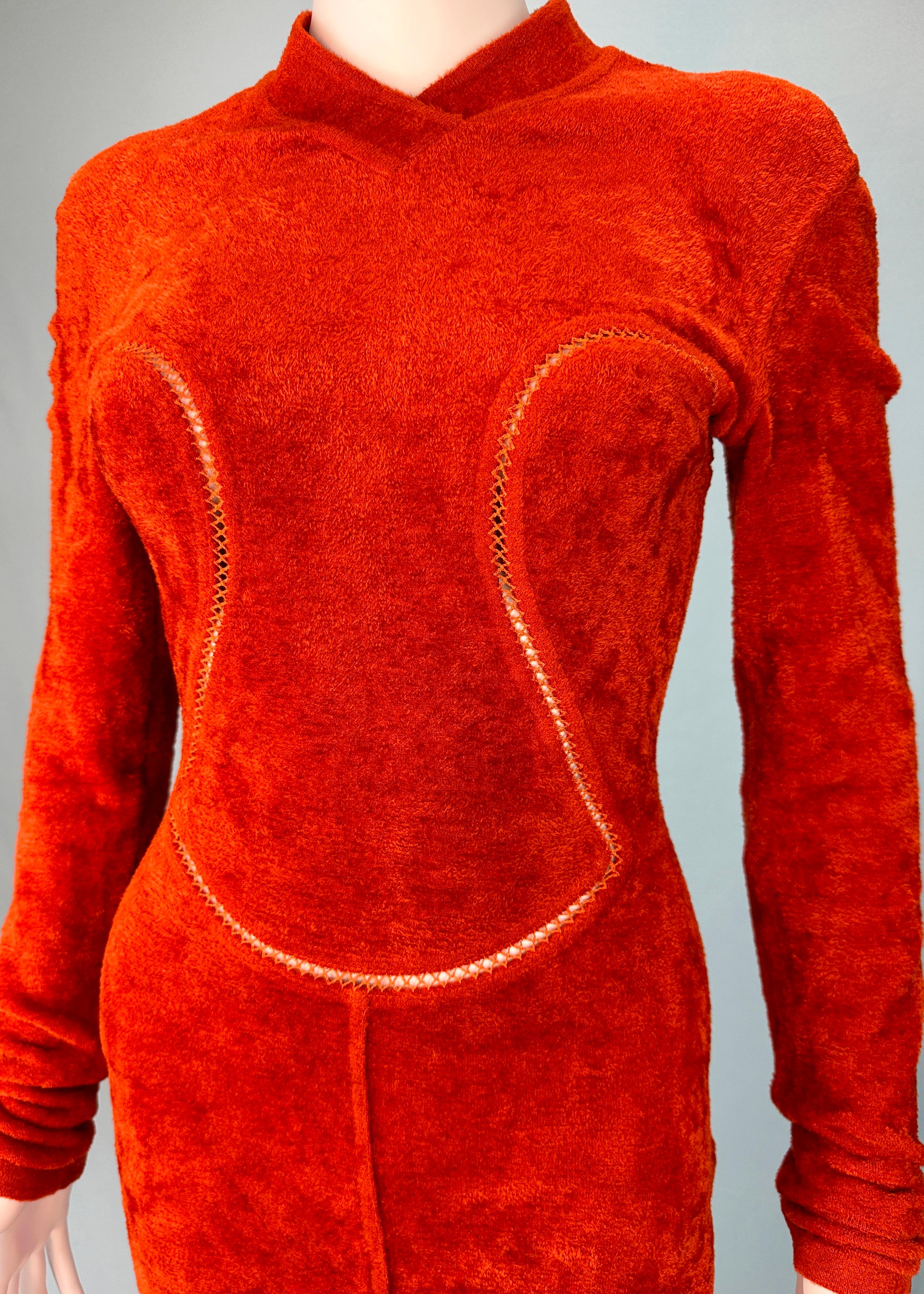 Azzedine Alaia Fall 1991 Runway Orange Chenille Cutout Dress For Sale 3