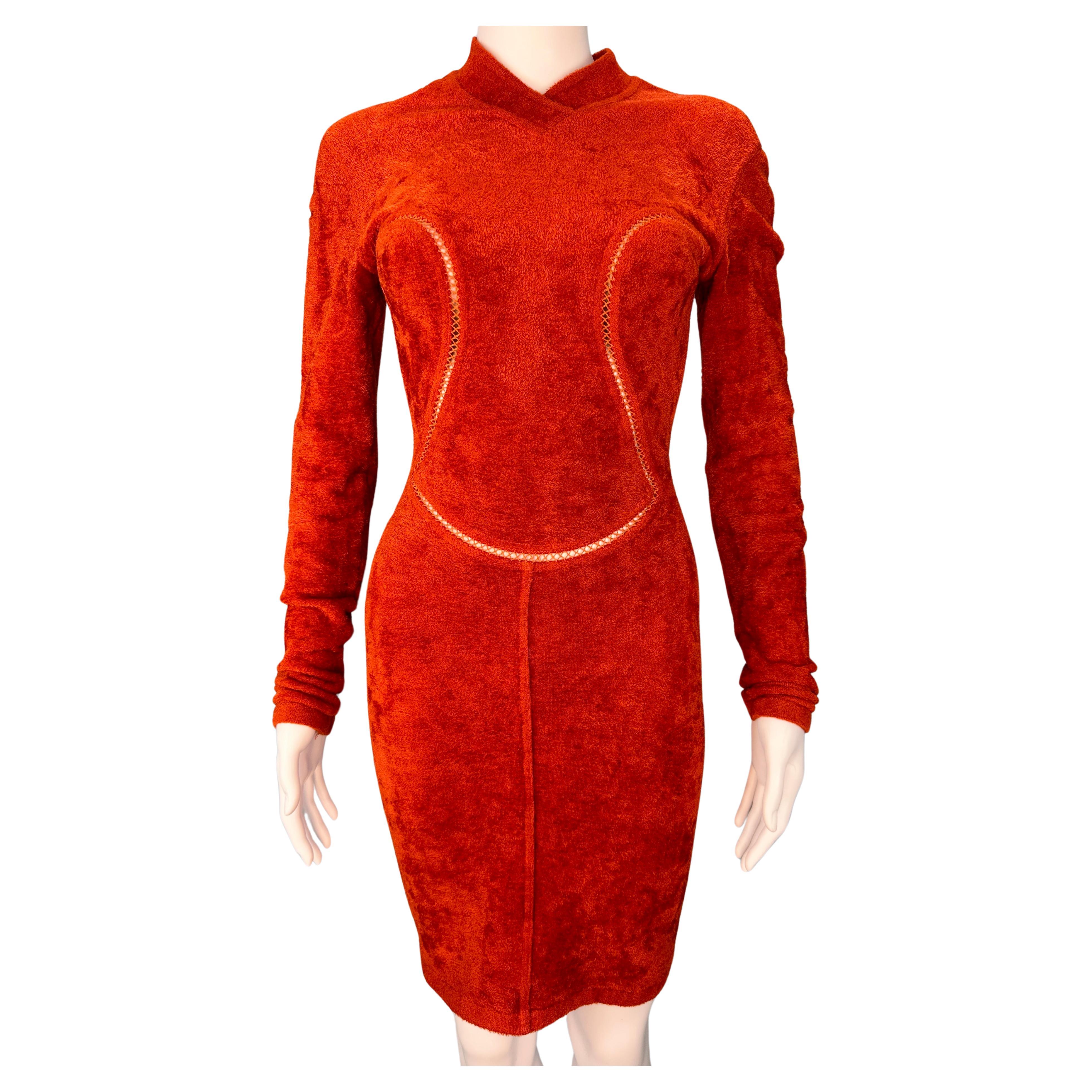 Azzedine Alaia Fall 1991 Runway Orange Chenille Cutout Dress For Sale