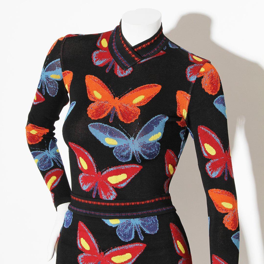 From the highly acclaimed fall/winter 1991 ready to wear collection, this butterfly motif this bodysuit and skirt ensemble is one of the most coveted designs of lifetime Alaïa. In pristine condition, this particular ensemble is sure to increase in