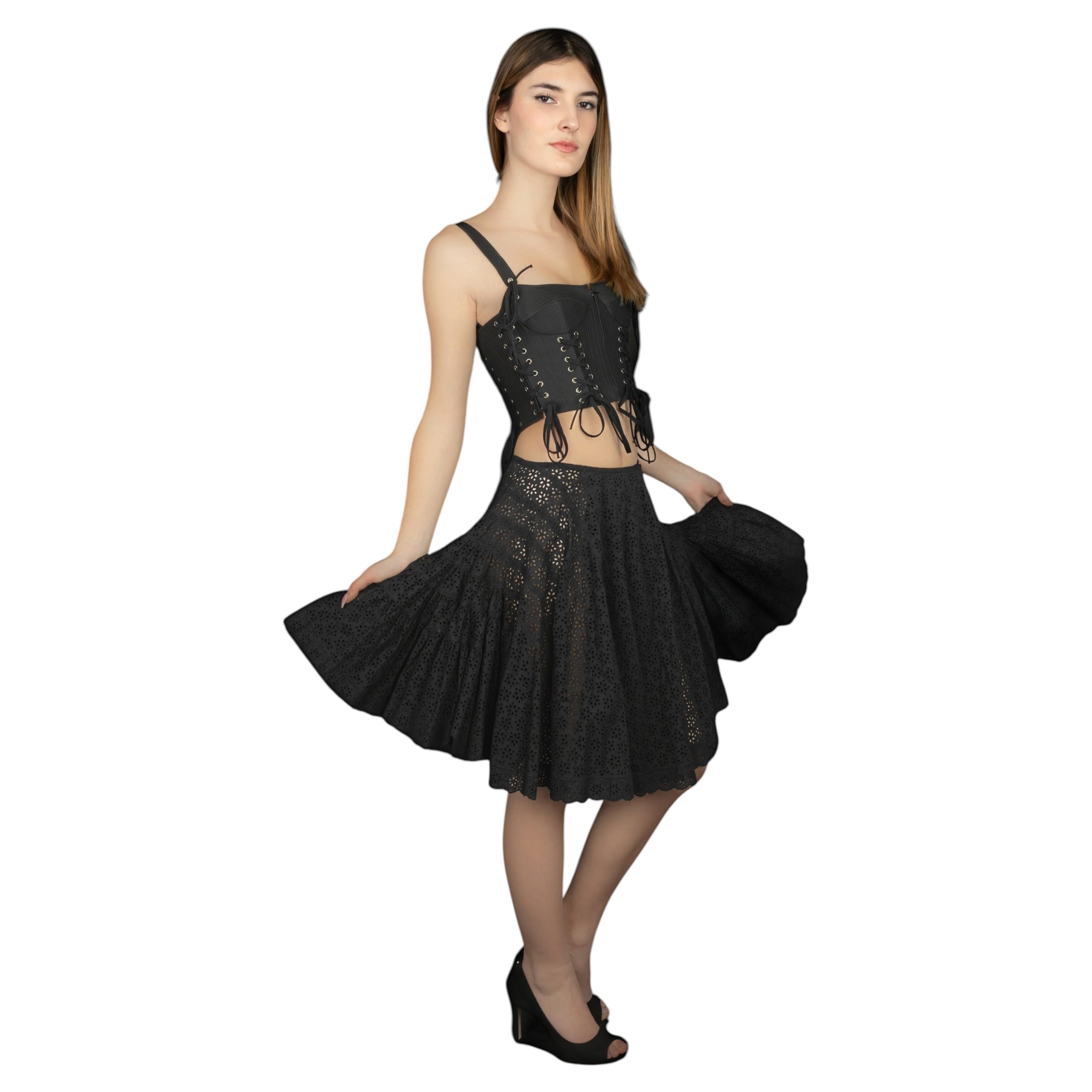 Azzedine Alaïa Flared Black Cotton Openwork Skirt Size 40FR Unisex