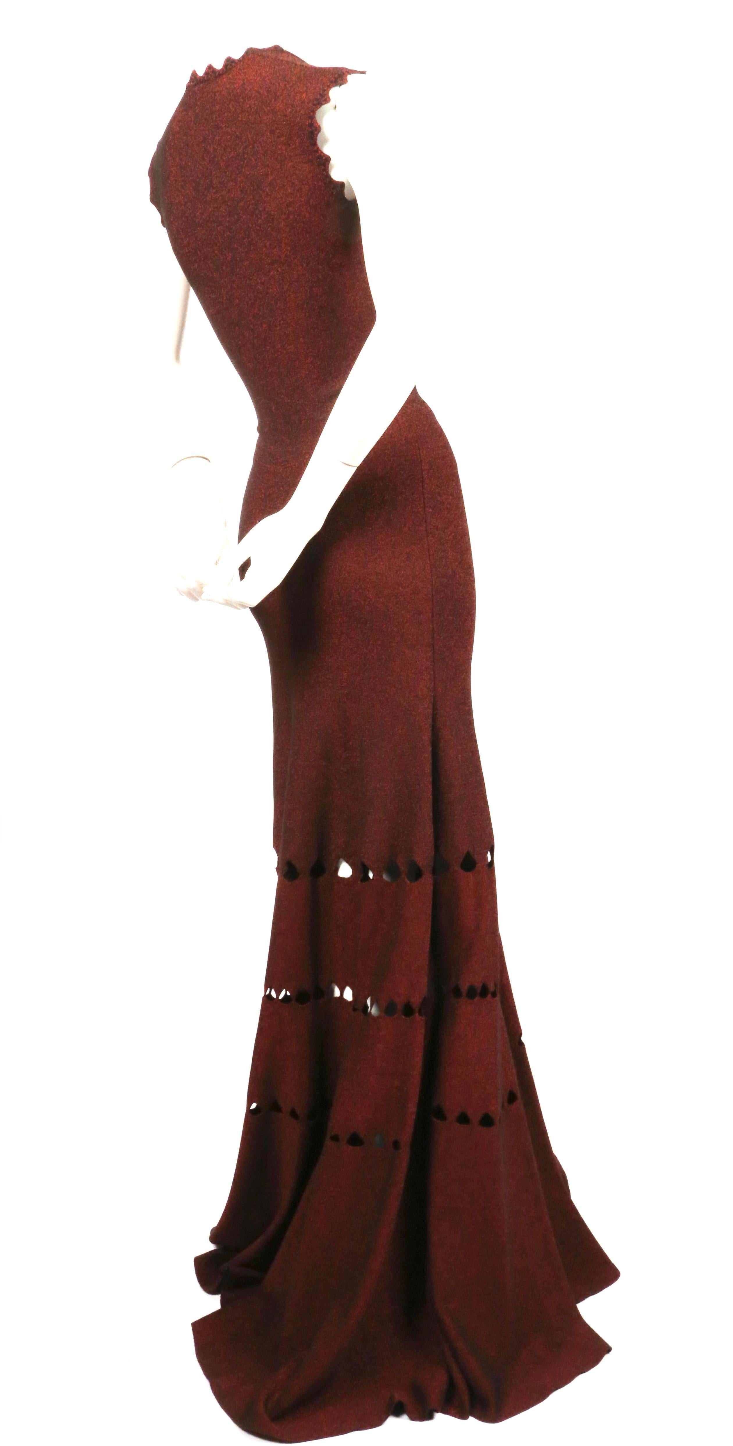 Brown AZZEDINE ALAIA floor length gown with cut-out and scalloped neckline