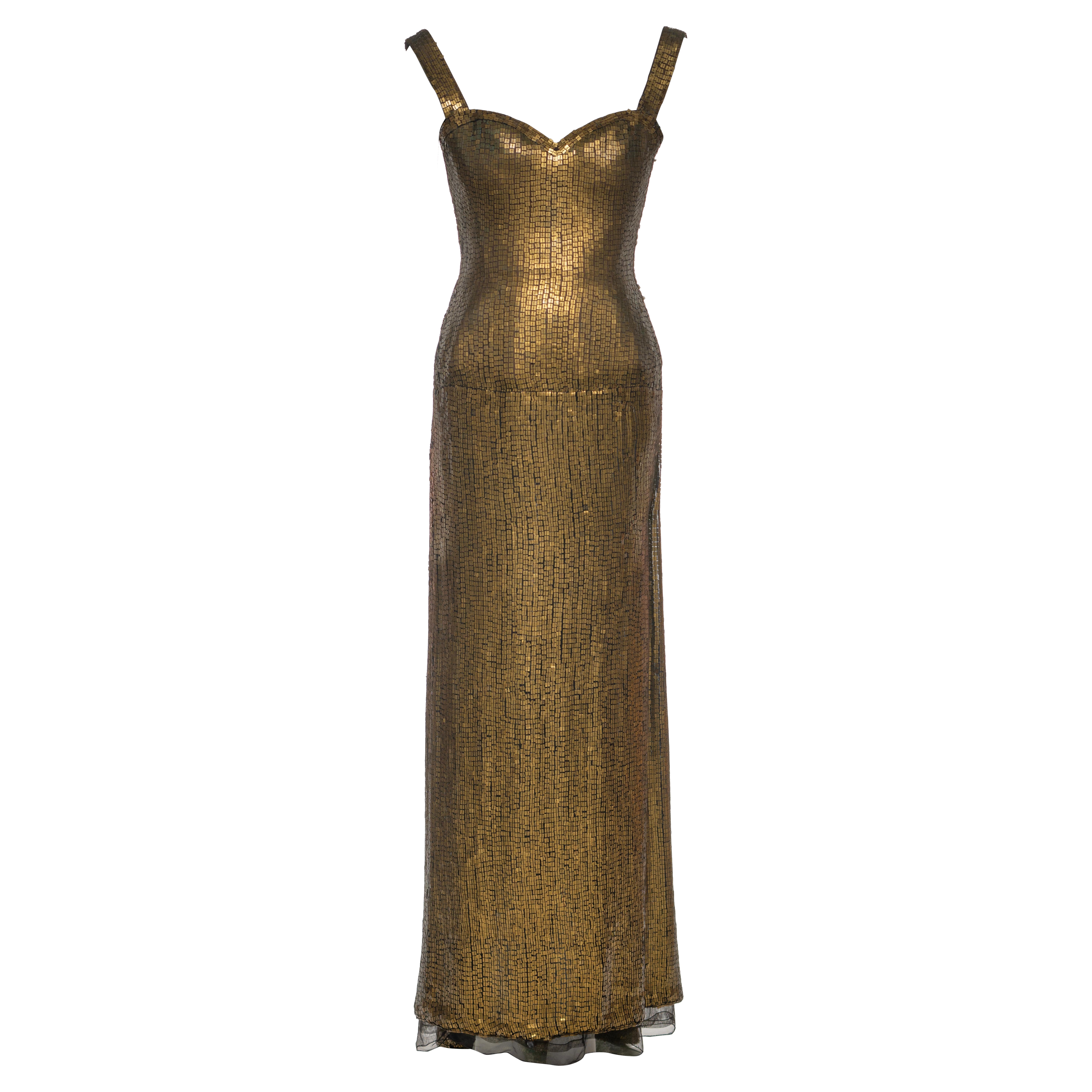 Azzedine Alaia - Robe de couture en lamé d'or avec mosaïque de paillettes, FW 1990