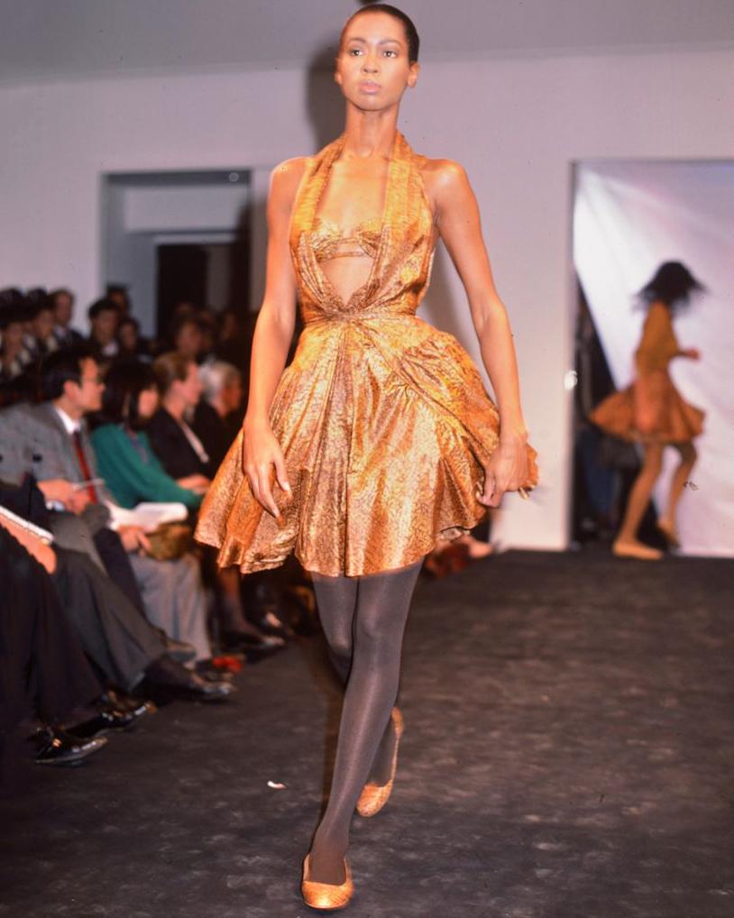 Brown Azzedine Alaia gold printed silk evening dress, ss 1987 For Sale