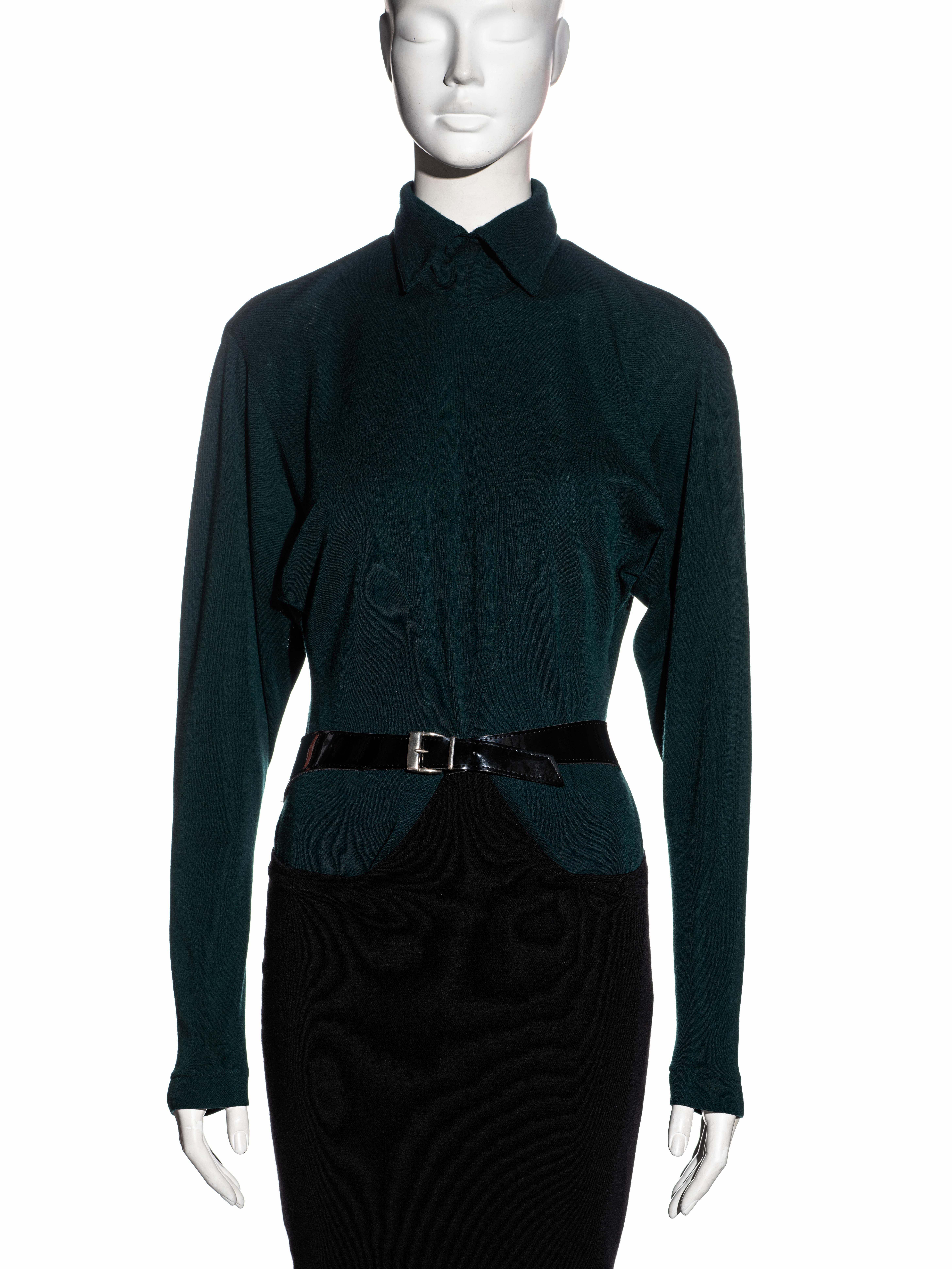 Noir Azzedine Alaïa - Robe portefeuille en jersey de laine vert et noir, fw 1982 en vente