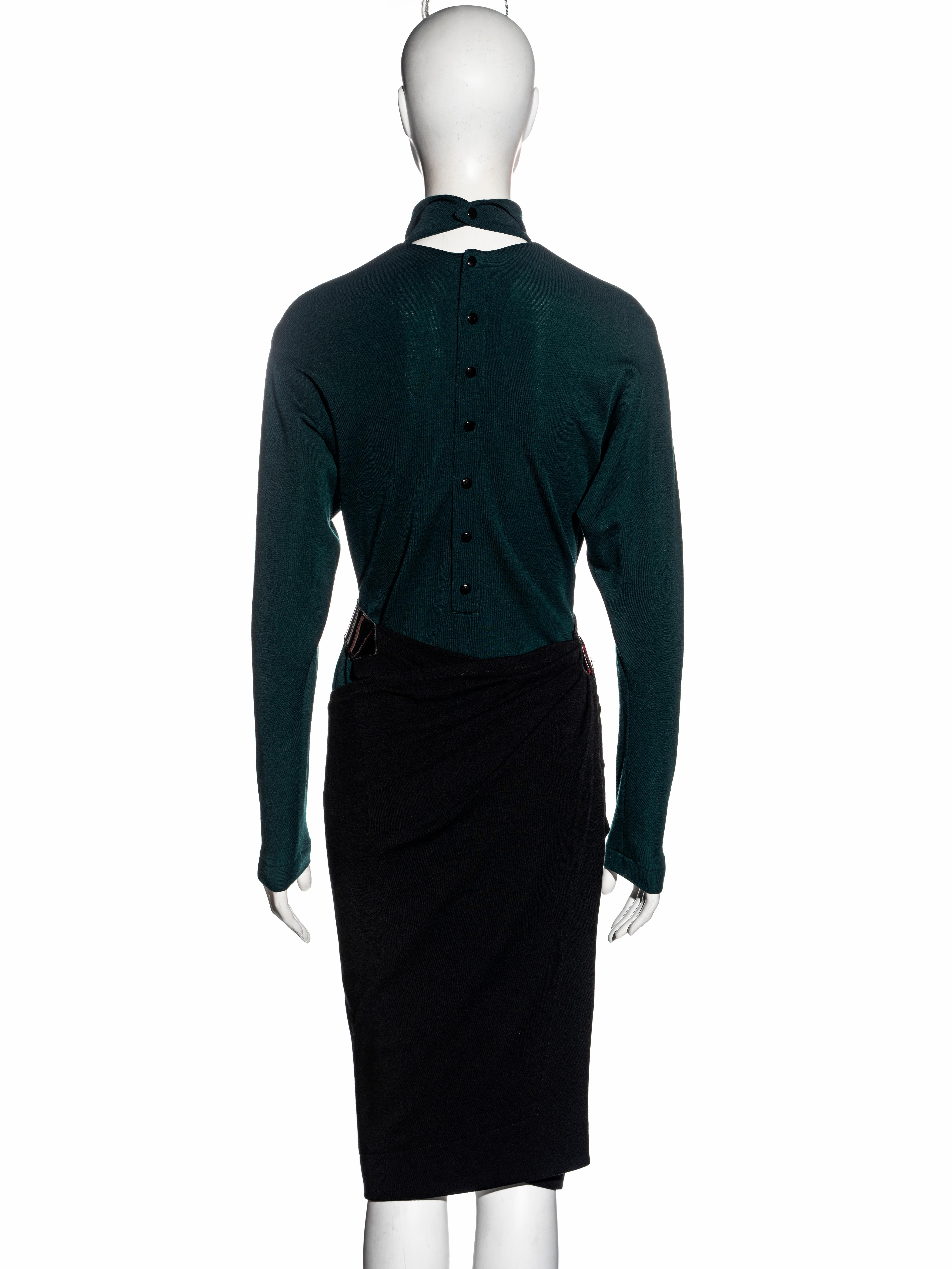 Azzedine Alaïa - Robe portefeuille en jersey de laine vert et noir, fw 1982 en vente 3