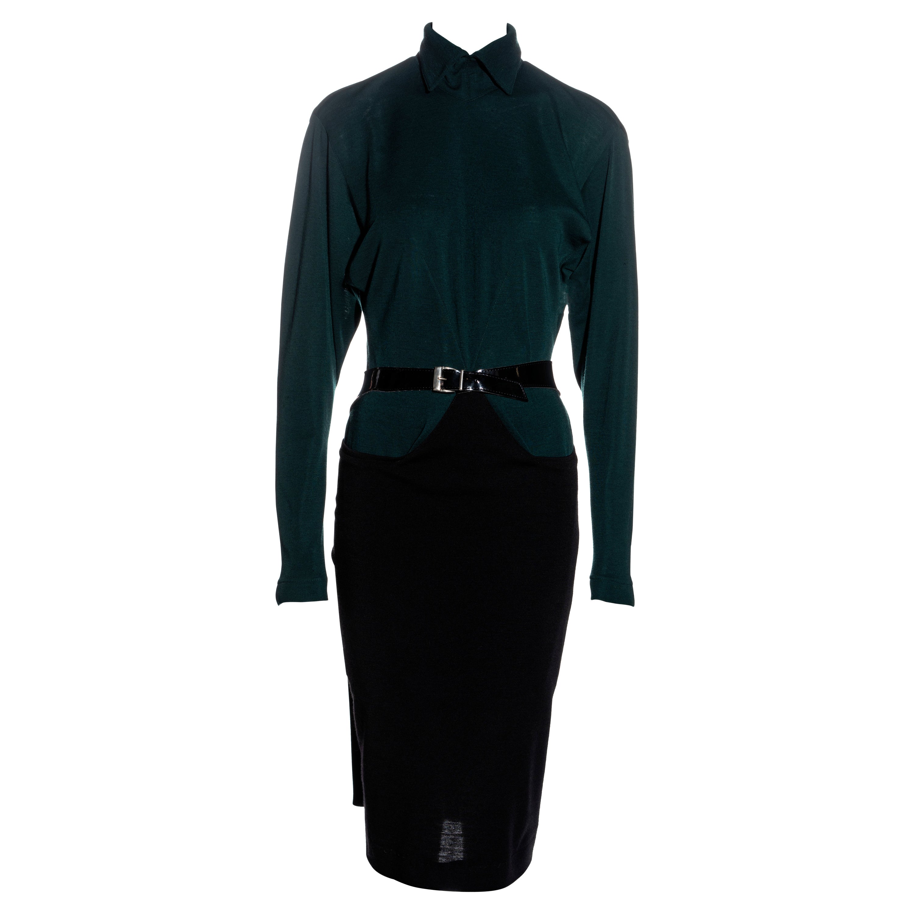 Azzedine Alaïa - Robe portefeuille en jersey de laine vert et noir, fw 1982