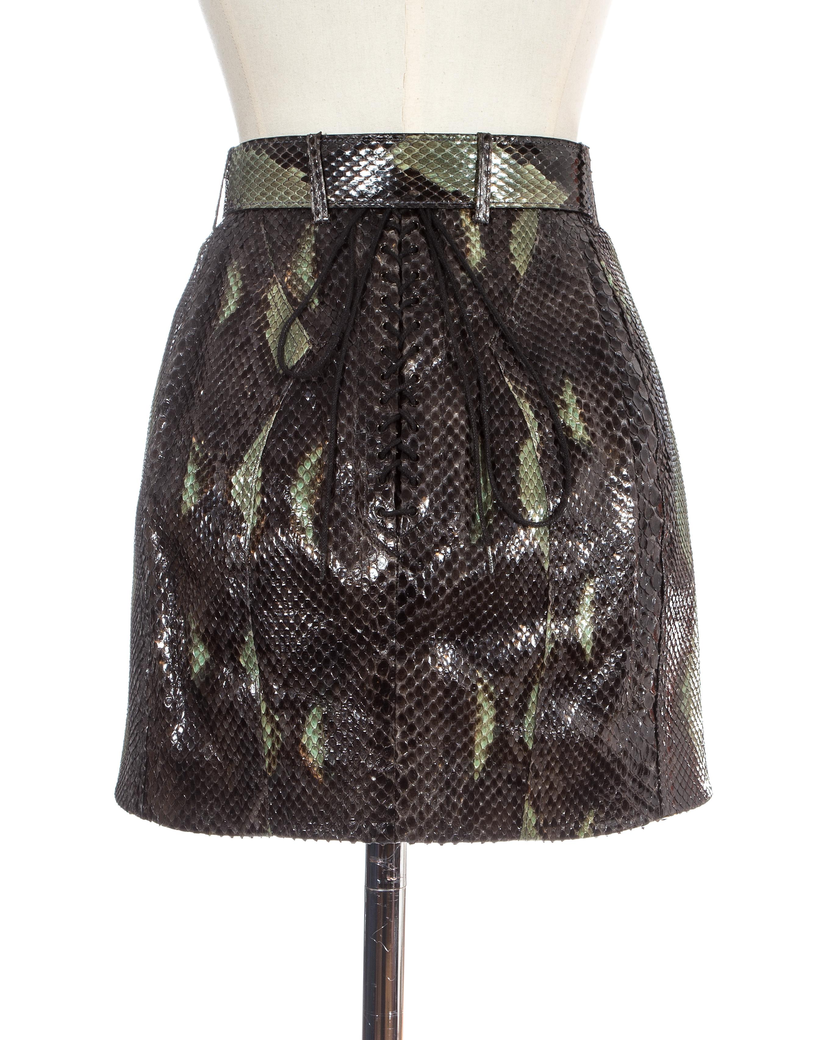 Black Azzedine Alaia green snakeskin lace-up mini skirt with matching belt, ss 1991