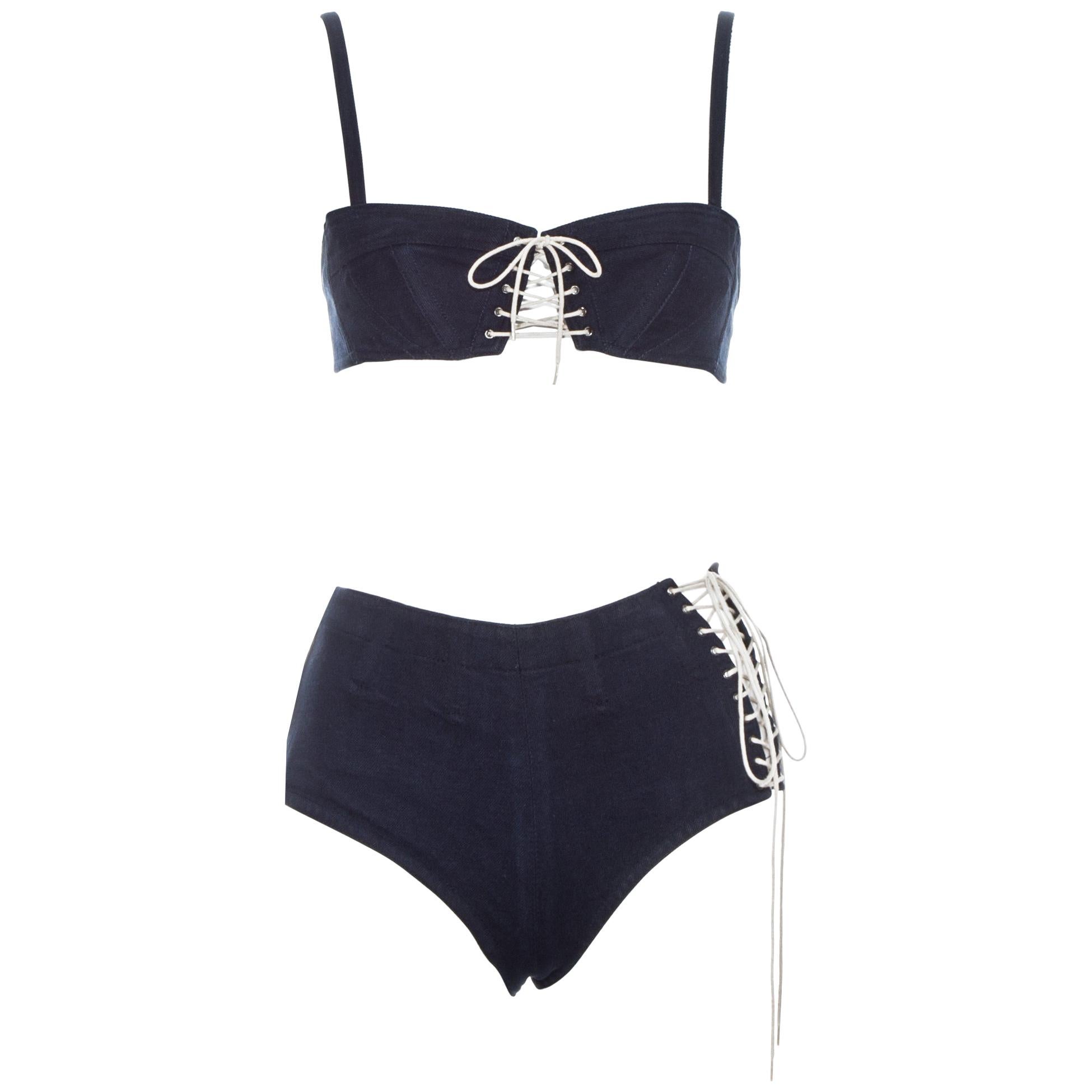 Azzedine Alaia Indigo cotton denim lace up bra top and shorts, ss 1991