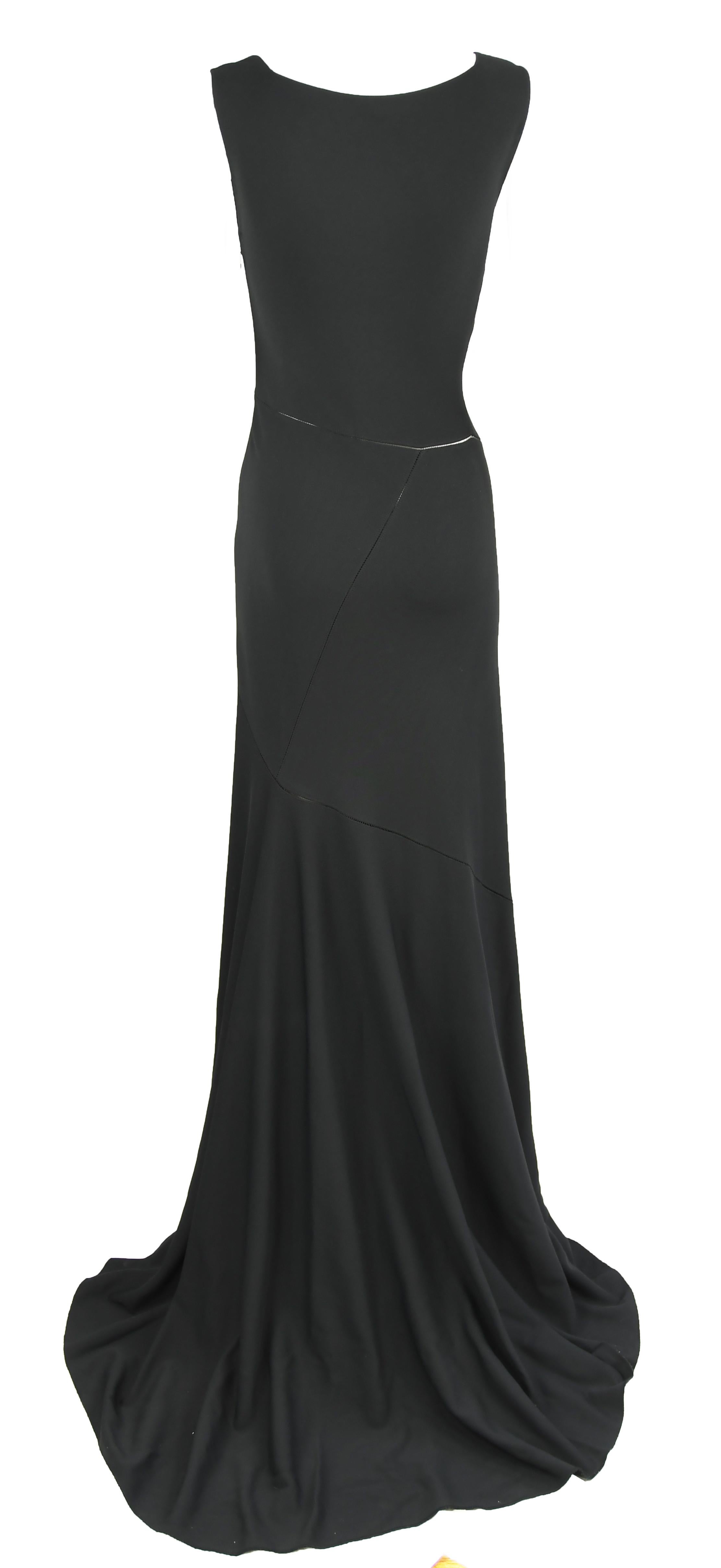 Original Azzedine Alaia jet black sleeveless gown, featuring a square neckline and train. Classic, gorgeous and elegant.  Composition is Viscose and Polyester. Marked Size Tag - Medium.