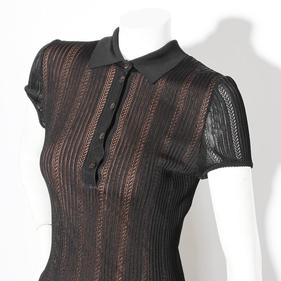 Product Details:
Knit polo dress by Azzedine Alaia
Circa 1996
Bodycon style 
Polo collar 
Button down front closure 
Black knit with tan underlay 
Ribbed ruffle bottom
Made in Italy
Condition: Excellent vintage condition, little to zero visible