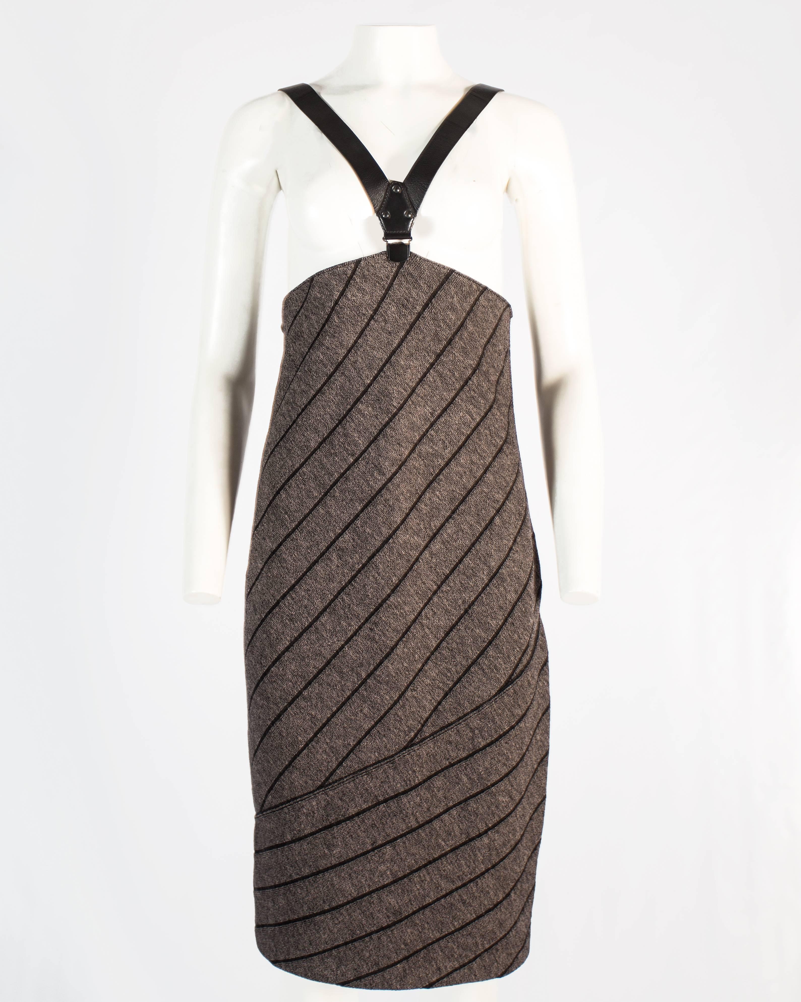Black Azzedine Alaia knitted wool pencil skirt with black leather harness, a / w 1987