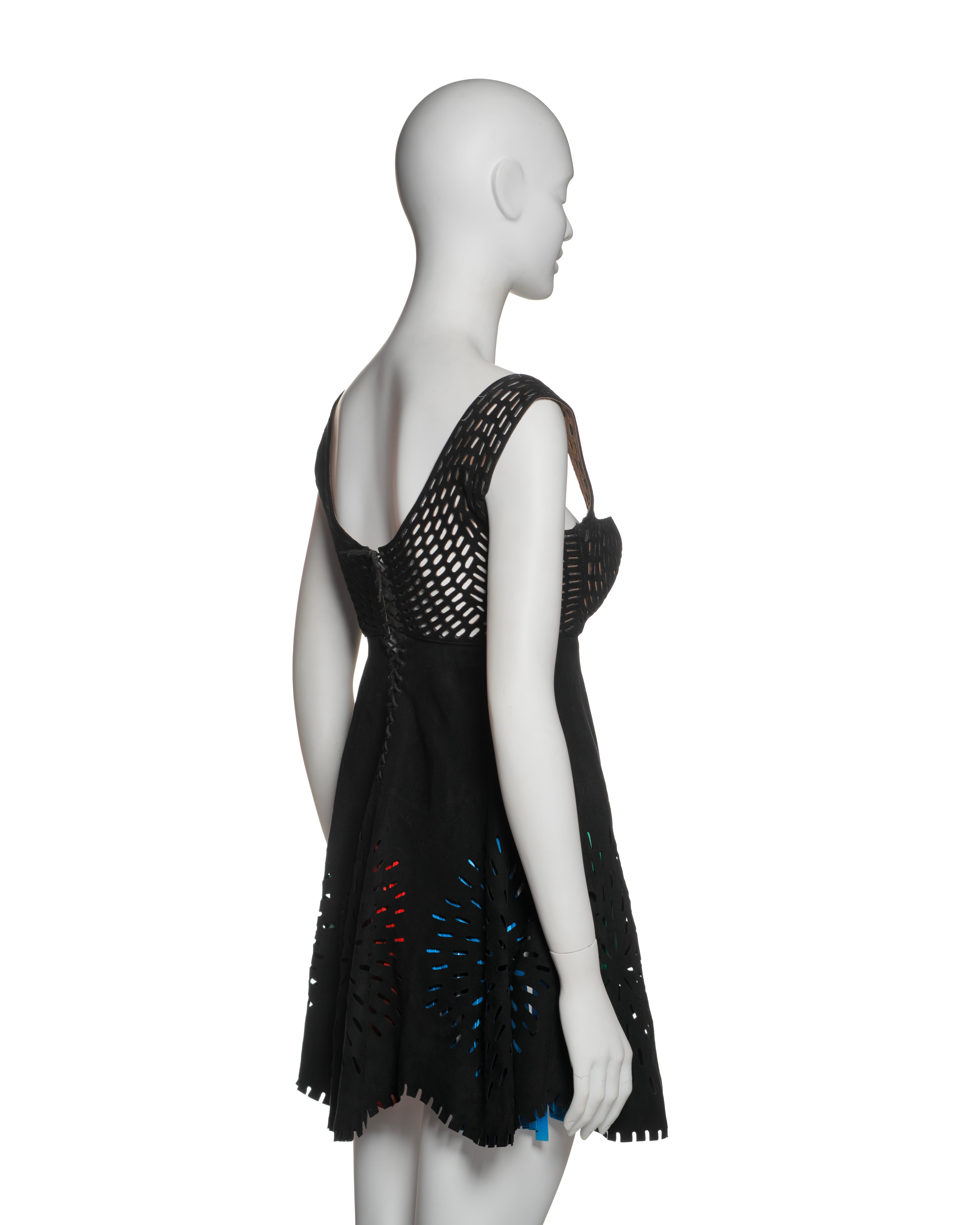 Azzedine Alaia Laser-Cut Black Leather Dress with Multicolor Fringe, SS 1994 For Sale 7