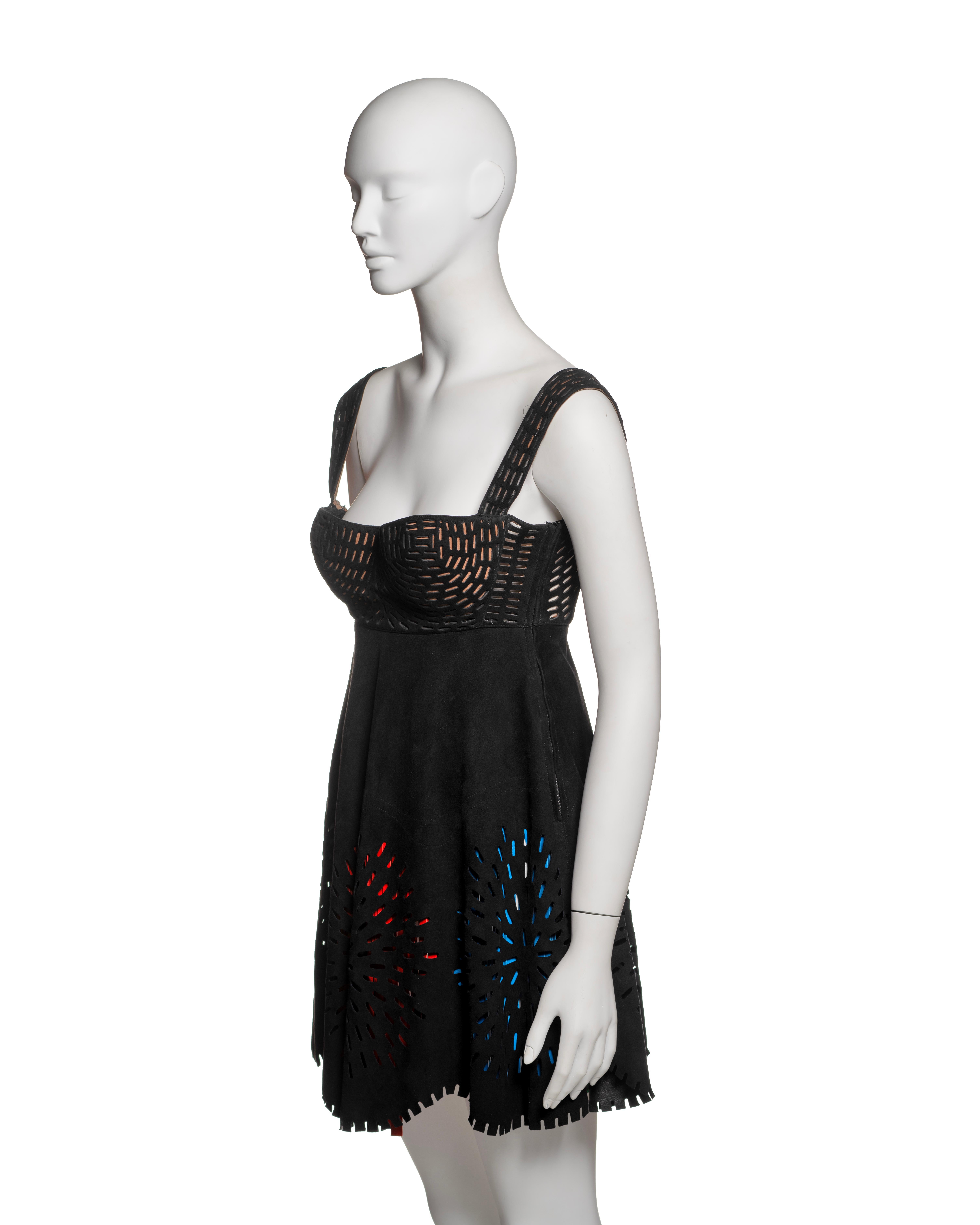 Azzedine Alaia Laser-Cut Black Leather Dress with Multicolor Fringe, SS 1994 For Sale 9