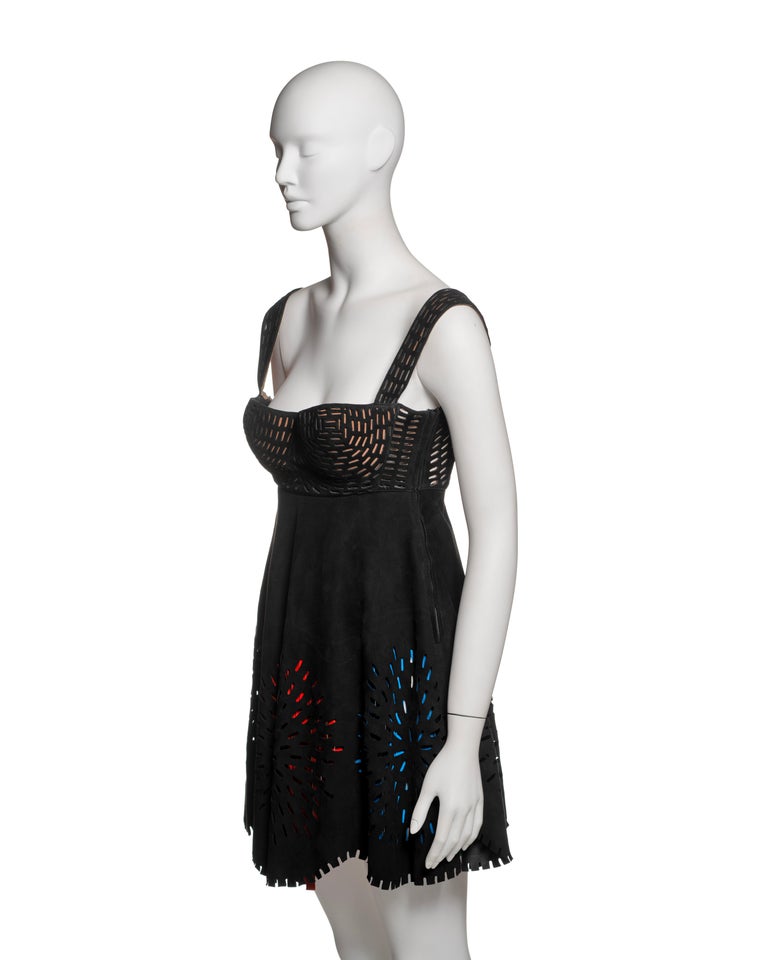 Azzedine Alaia Laser-Cut Black Leather Dress with Multicolor Fringe, SS  1994 at 1stDibs