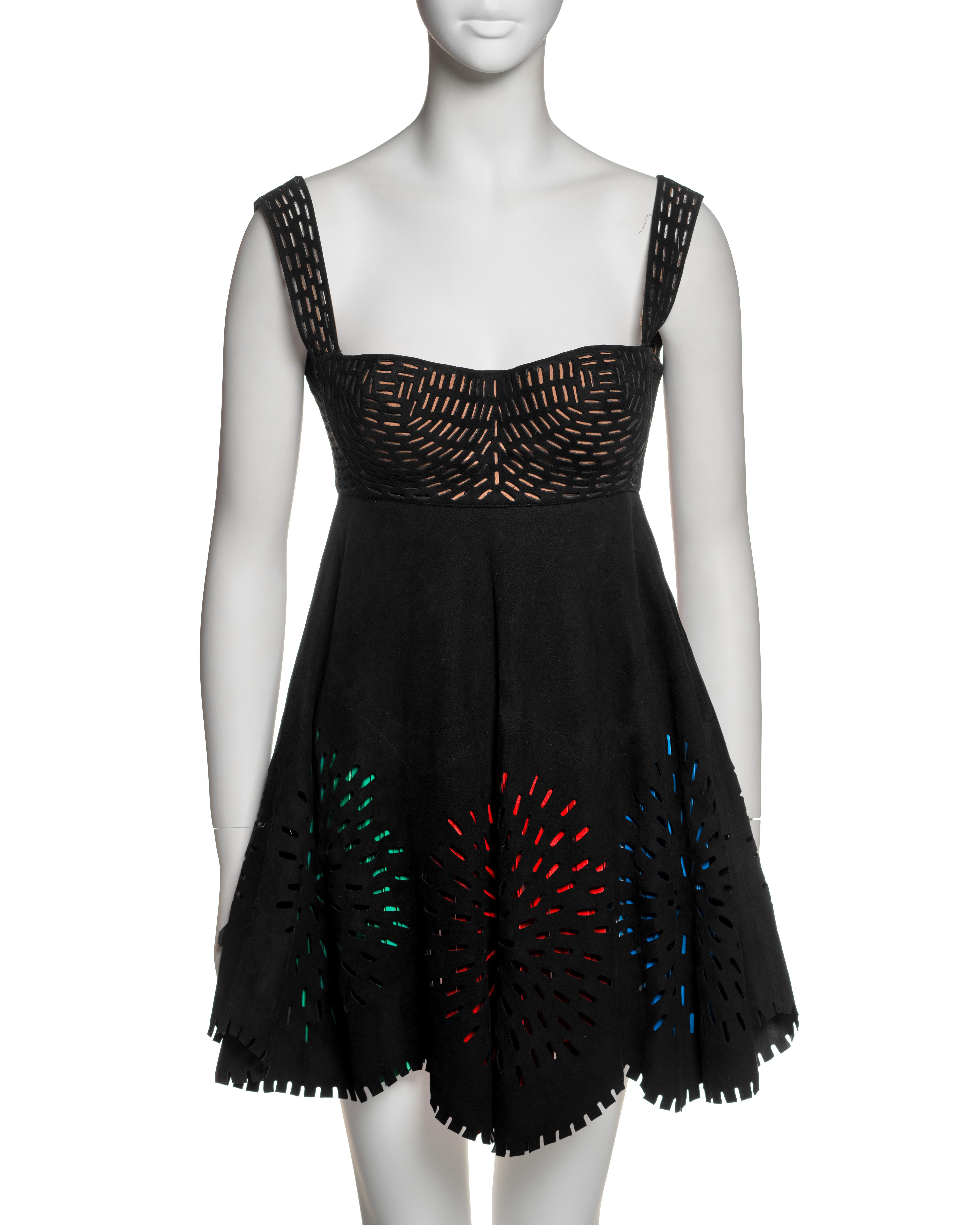 Azzedine Alaia Laser-Cut Black Leather Dress with Multicolor Fringe, SS 1994 In Good Condition For Sale In London, GB