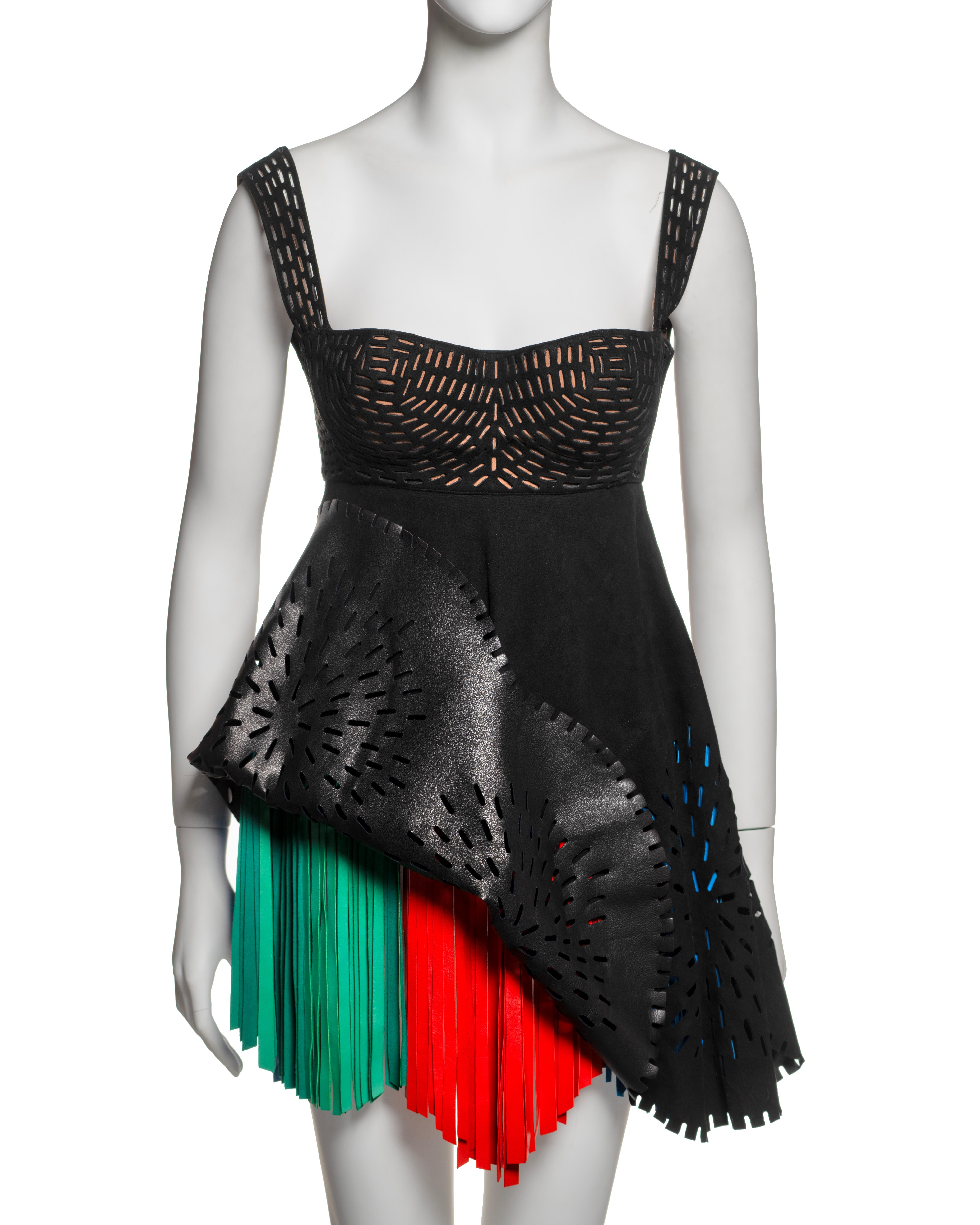 Azzedine Alaia Laser-Cut Black Leather Dress with Multicolor Fringe, SS 1994 For Sale 1