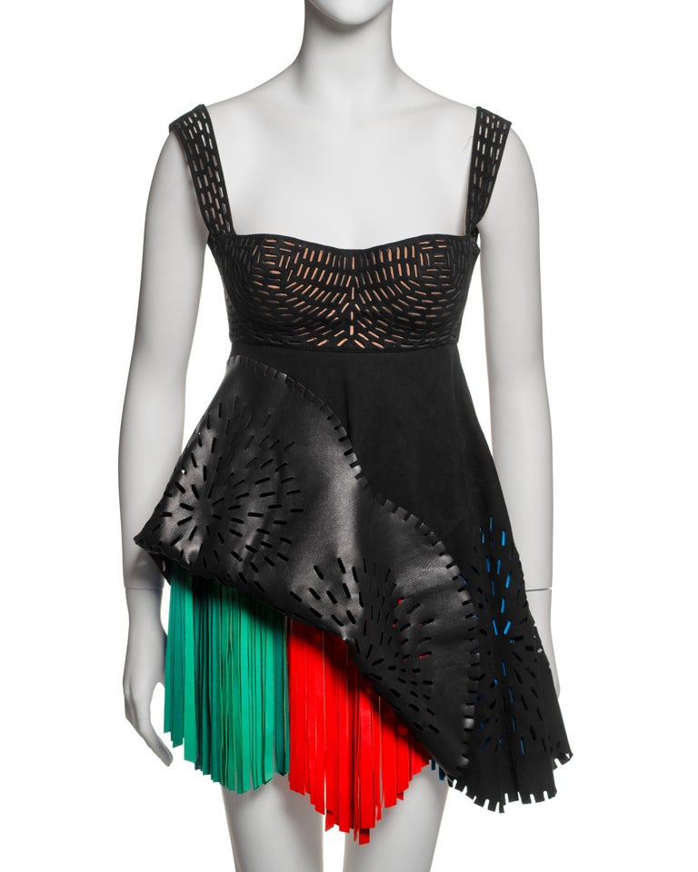 Azzedine Alaia Laser-Cut Black Leather Dress with Multicolor Fringe, SS 1994 at 1stDibs Azzedine Alaia Laser-Cut Black Leather Dress with Multicolor Fringe, SS 1994 at 1stDibs