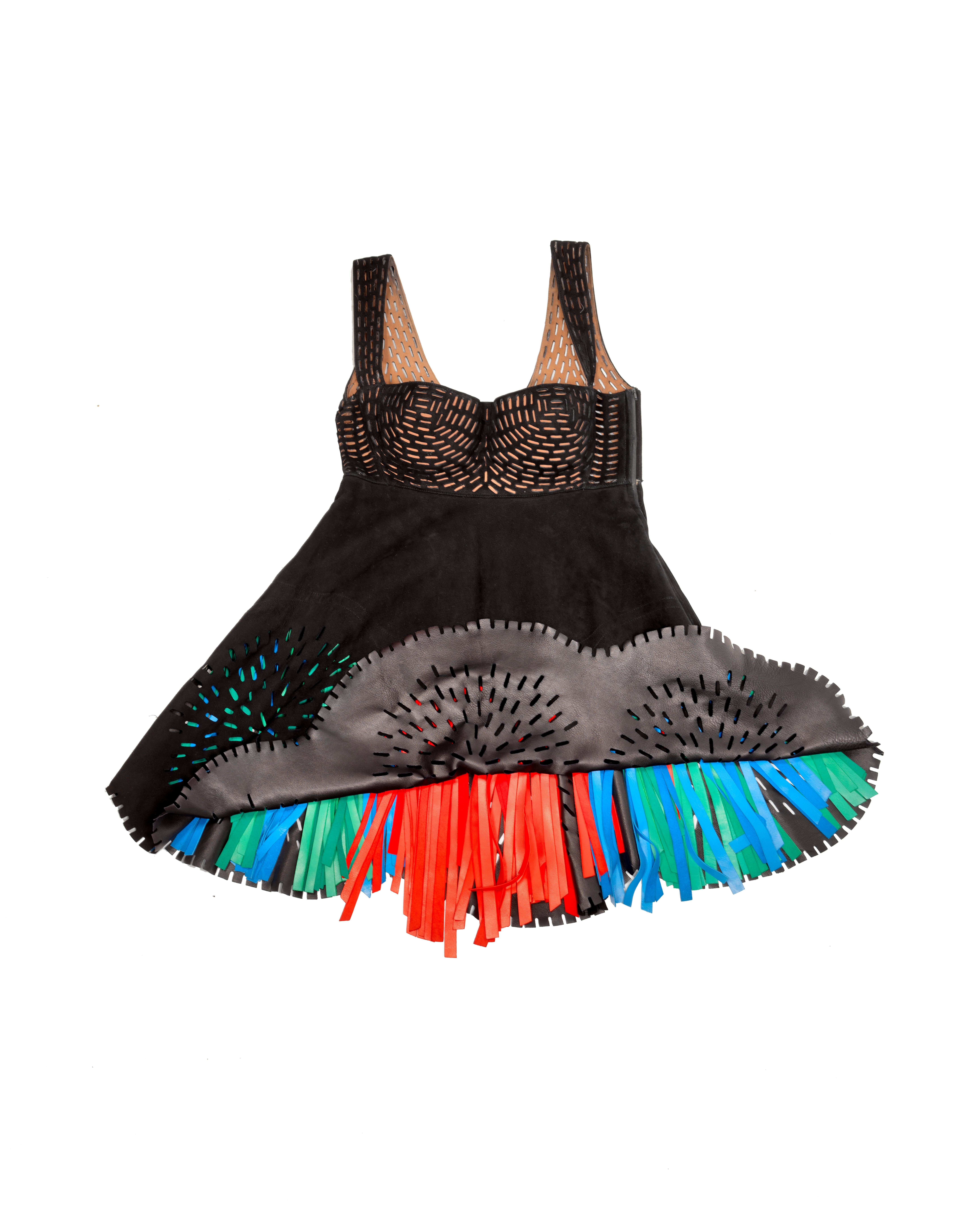 Azzedine Alaia Laser-Cut Black Leather Dress with Multicolor Fringe, SS 1994 For Sale 2