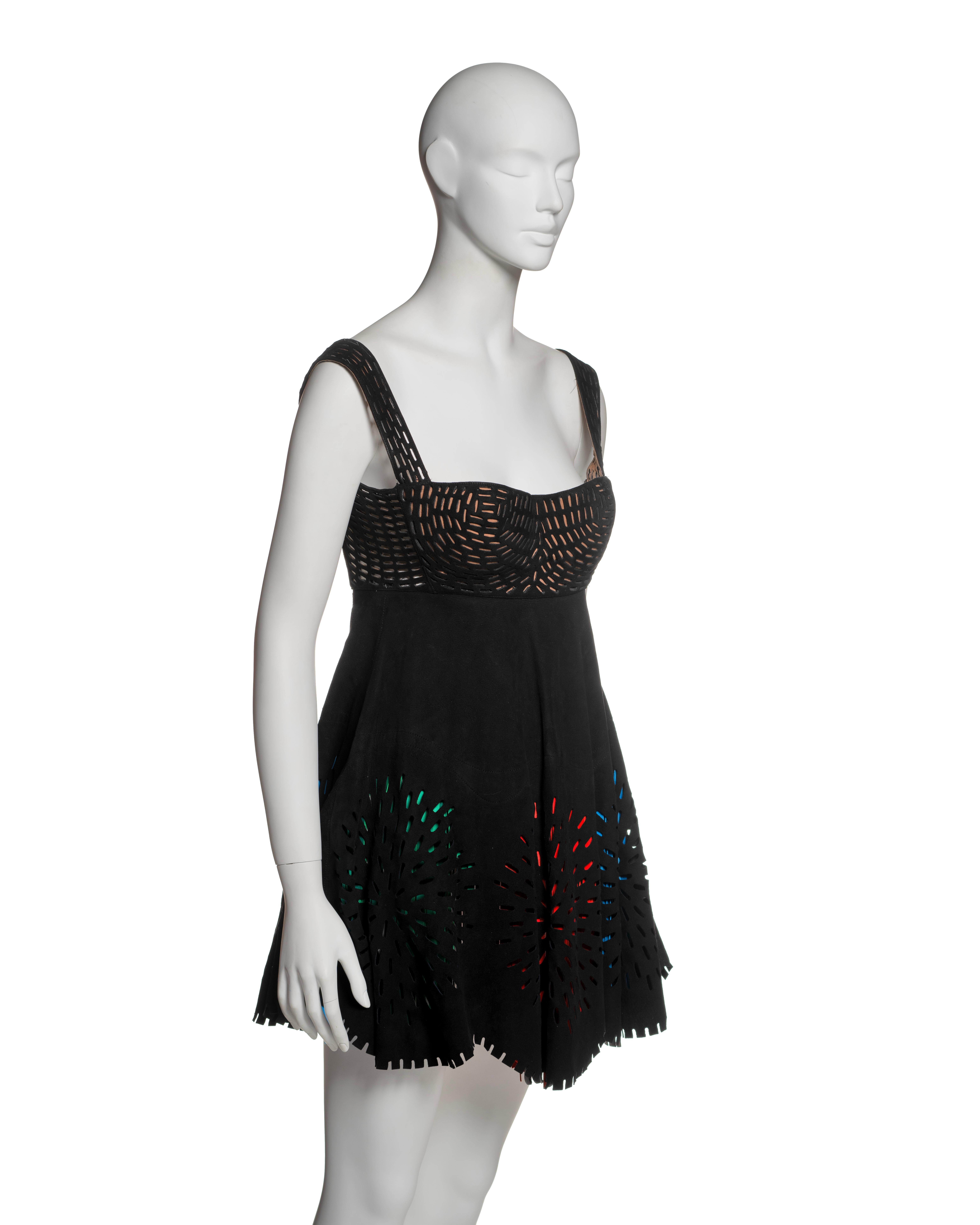 Azzedine Alaia Laser-Cut Black Leather Dress with Multicolor Fringe, SS 1994 For Sale 4