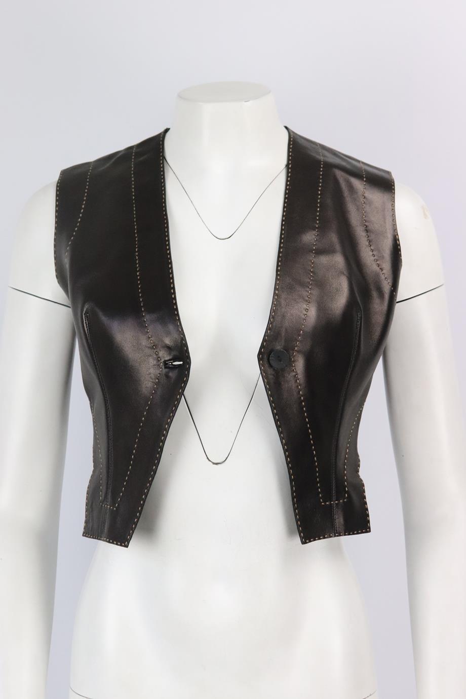 Azzedine Alaïa leather waistcoat. Brown. Sleeveless, v-neck. Button fastening at front. 100% Lambskin; lining: 100% polyester. Size: FR 38 (UK 10, US 6, IT 42). Bust: 32.2 in. Waist: 28 in. Length: 18.5 in. Very good condition - No sign of wear; see