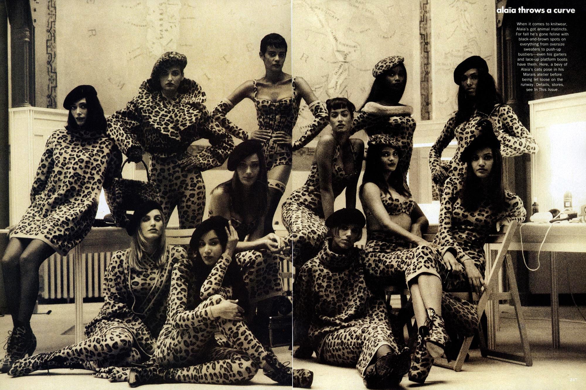Azzedine Alaia leopard jacquard-knit catsuit and coat runway ensemble, fw 1991 6