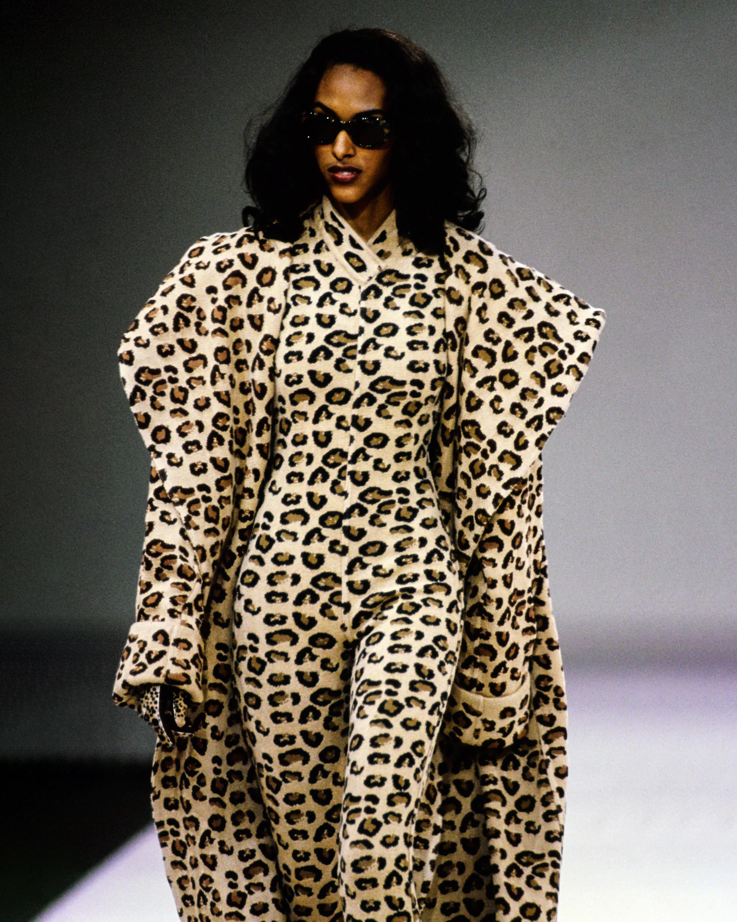 Women's Azzedine Alaia leopard jacquard-knit catsuit and coat runway ensemble, fw 1991