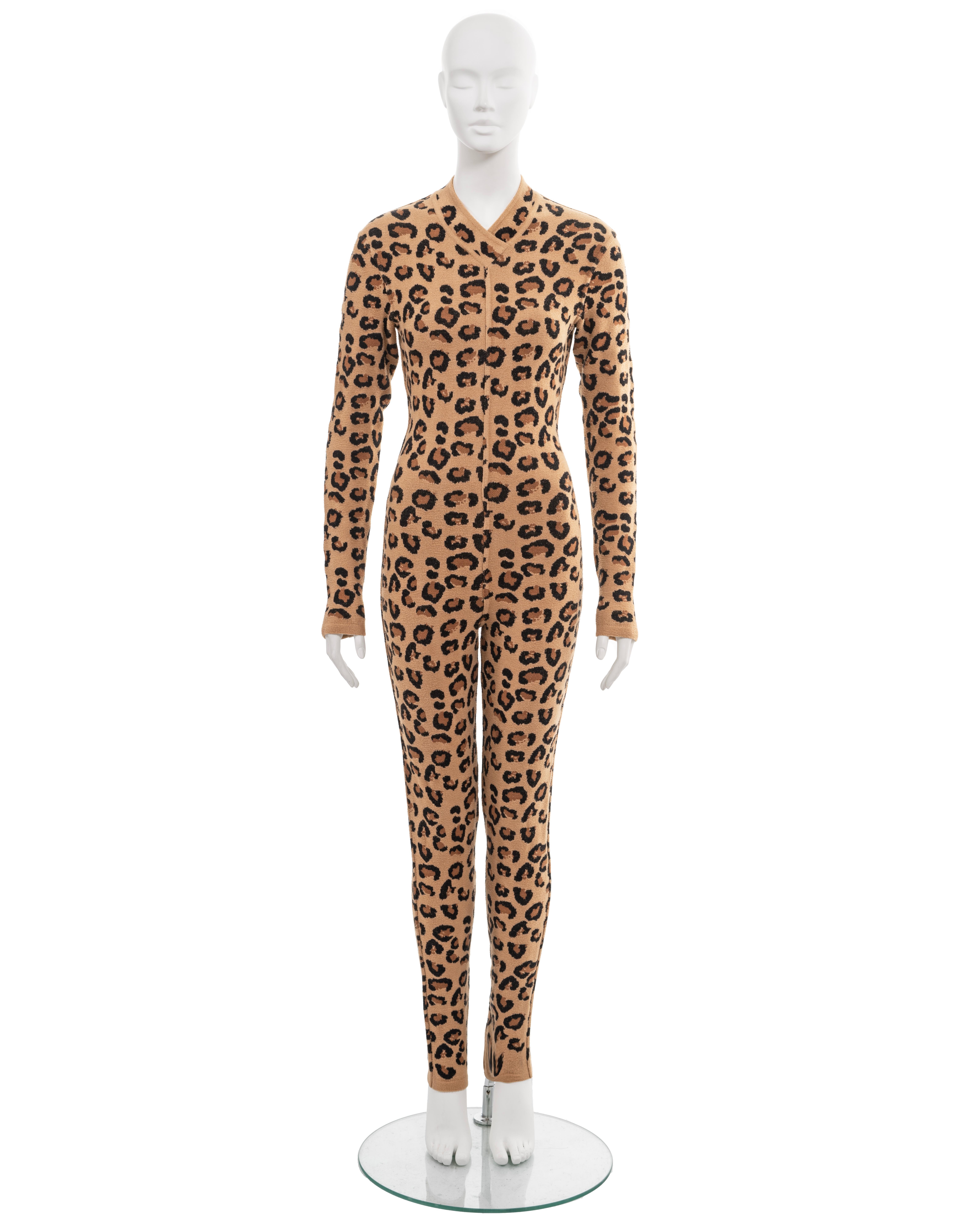 Azzedine Alaia leopard jacquard-knit catsuit and coat runway ensemble, fw 1991 1
