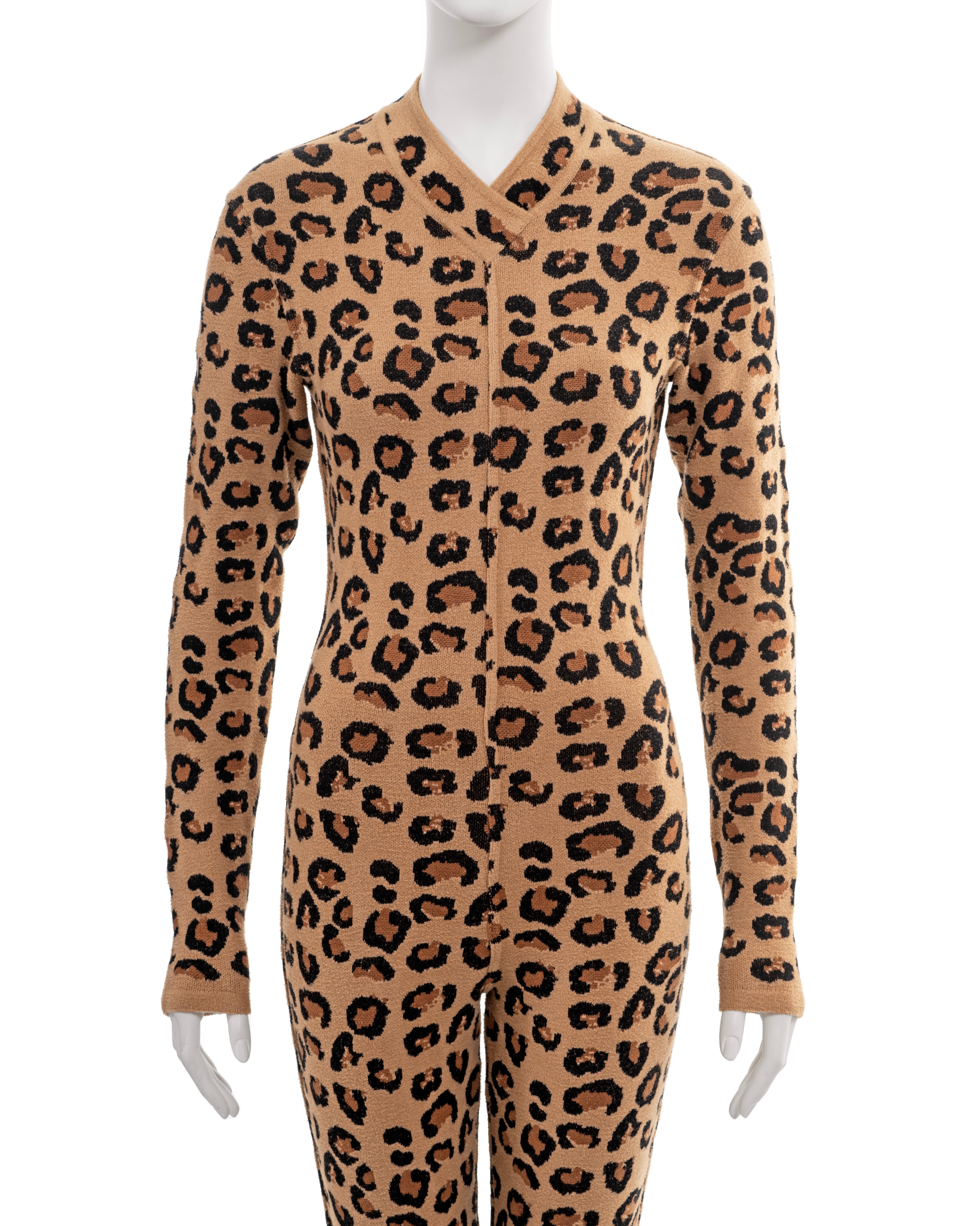 Azzedine Alaia leopard jacquard-knit catsuit and coat runway ensemble, fw 1991 2