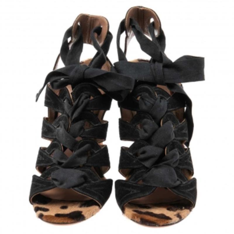 Women's Azzedine Alaia Leopard Pony Hair And Suede Ankle Wrap Sandals Size 39 For Sale