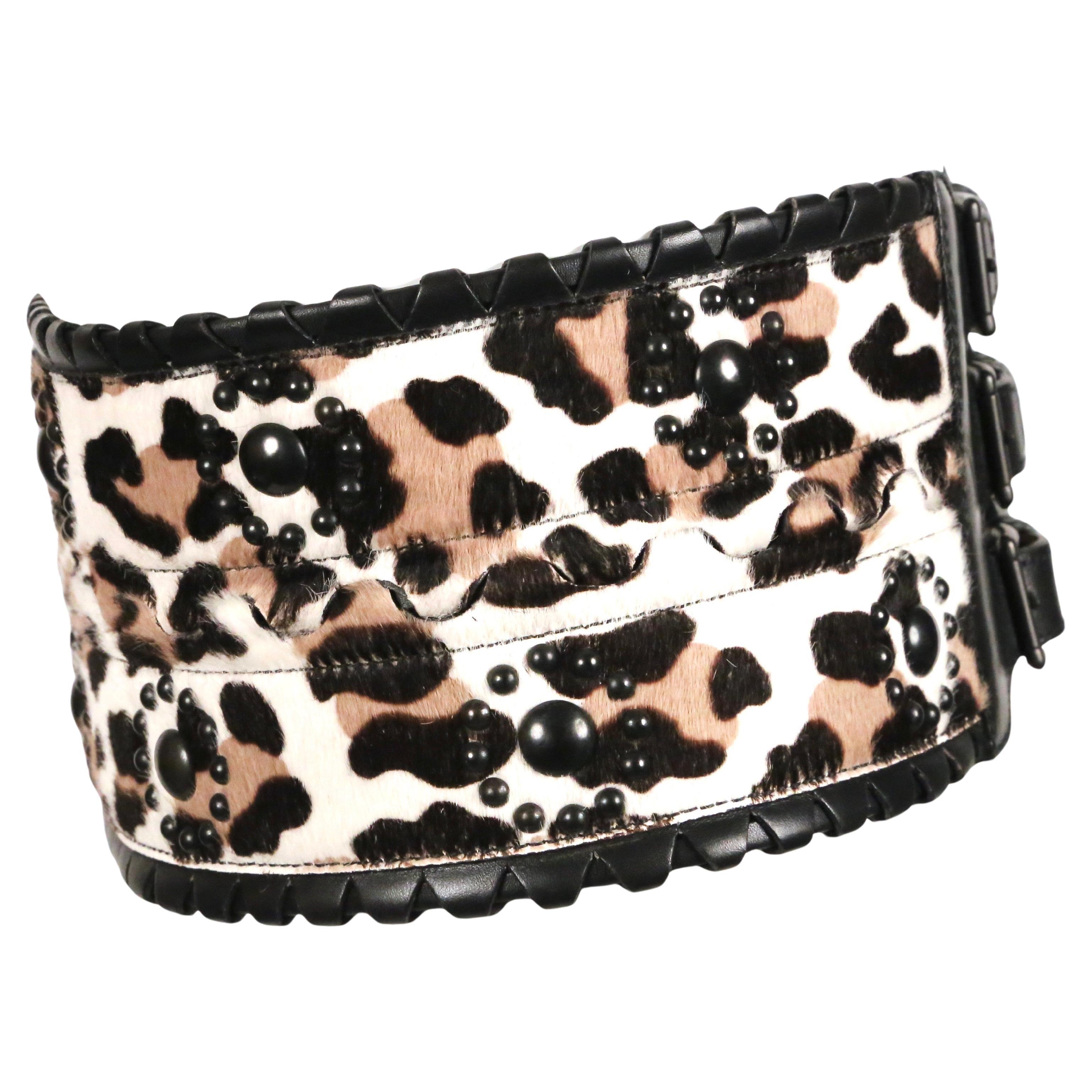 Black AZZEDINE ALAIA leopard printed corset belt with black leather trim & studs For Sale