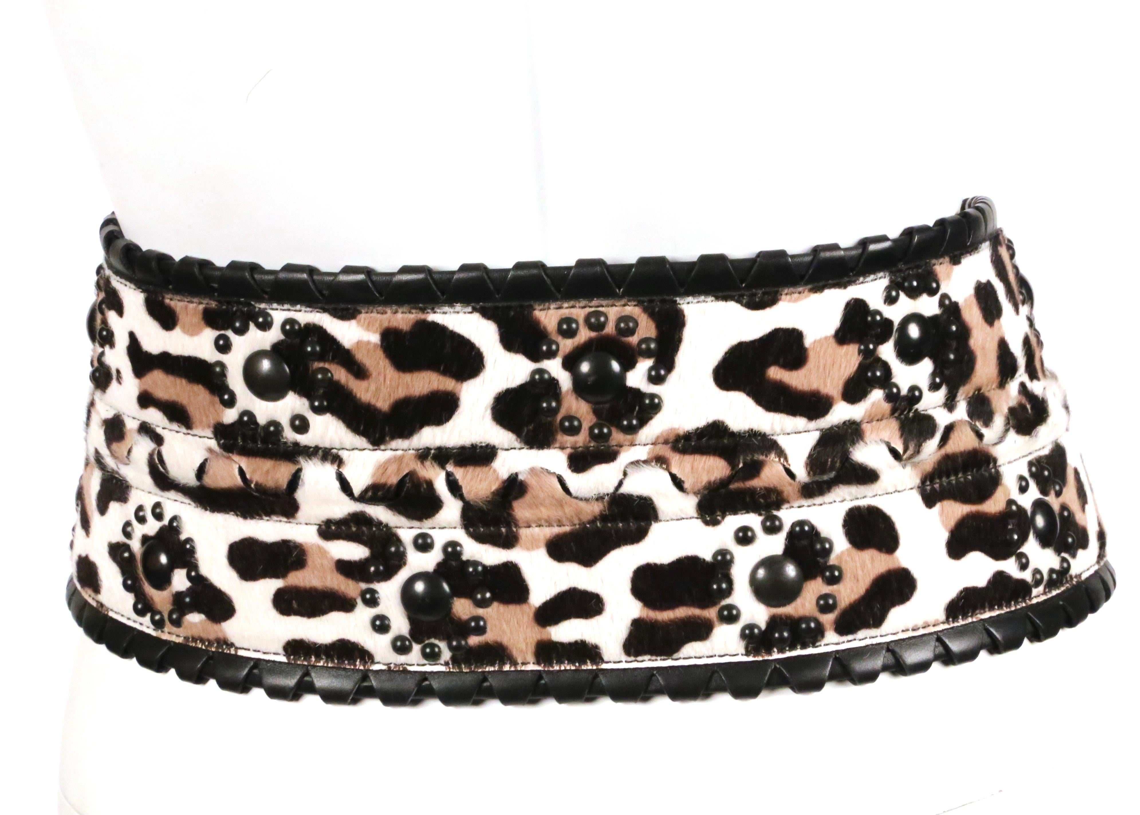 Women's or Men's AZZEDINE ALAIA leopard printed corset belt with black leather trim & studs For Sale